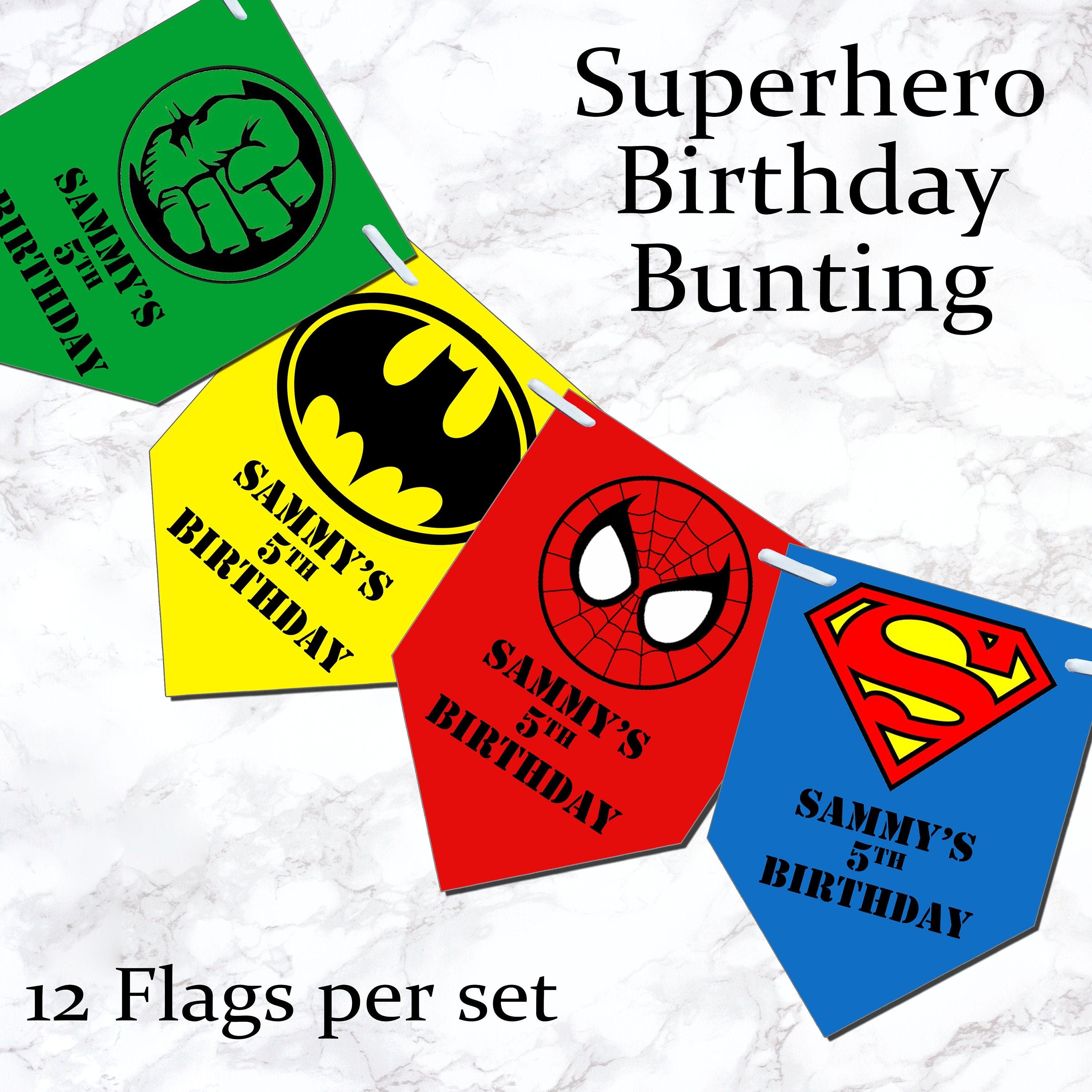 Personalised Superhero Square Bunting Banner Birthday Party - Hero&#39;s Birthday