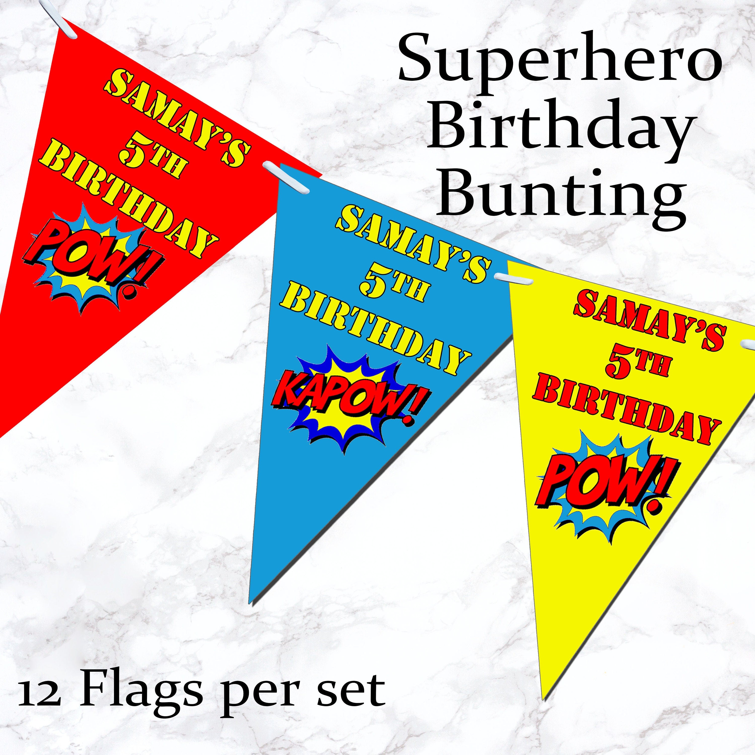 Personalised Triangle Superhero Bunting Banner Birthday Party - Hero&#39;s Birthday