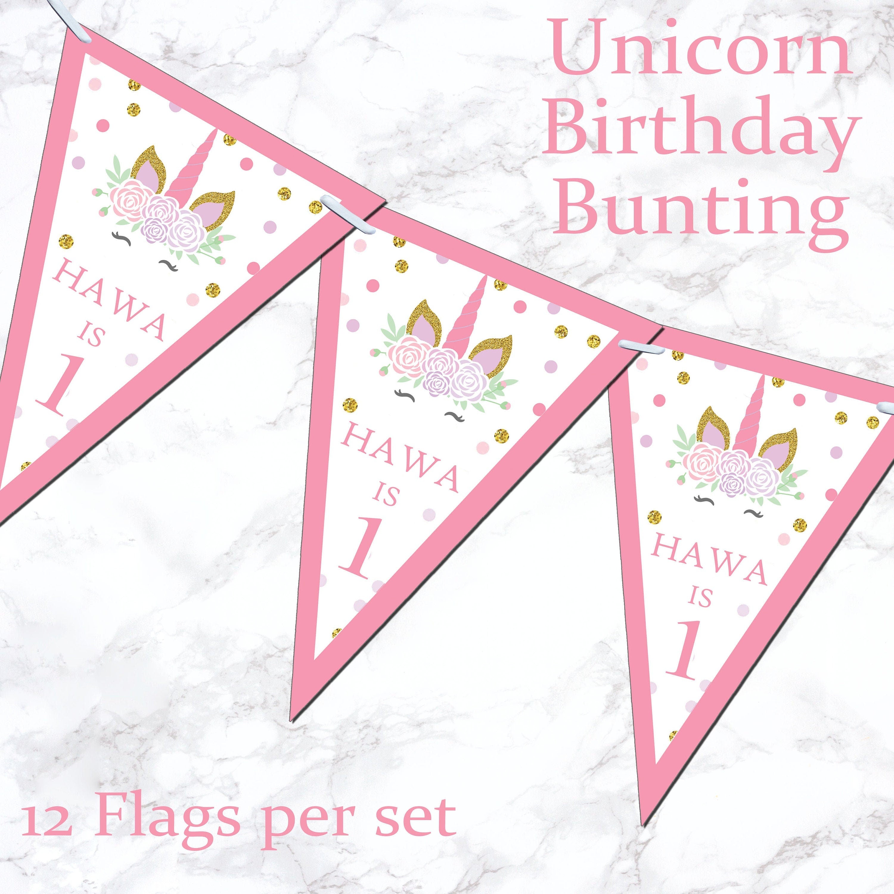 Personalised Glitter Gold Unicorn Bunting Banner Birthday Party Girl Pink