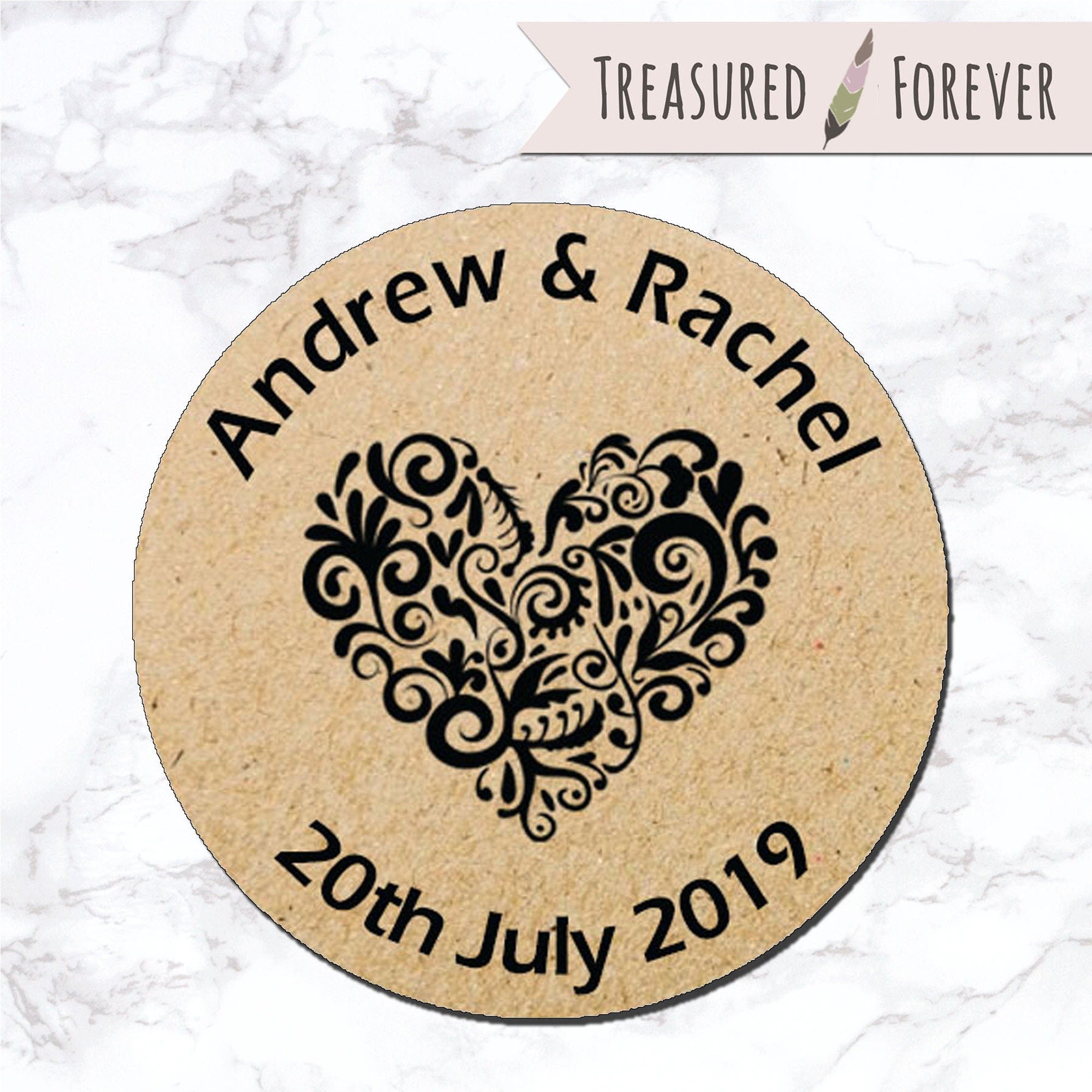 Personalised Wedding Shabby Brown Kraft Effect Favour Stickers Hearts