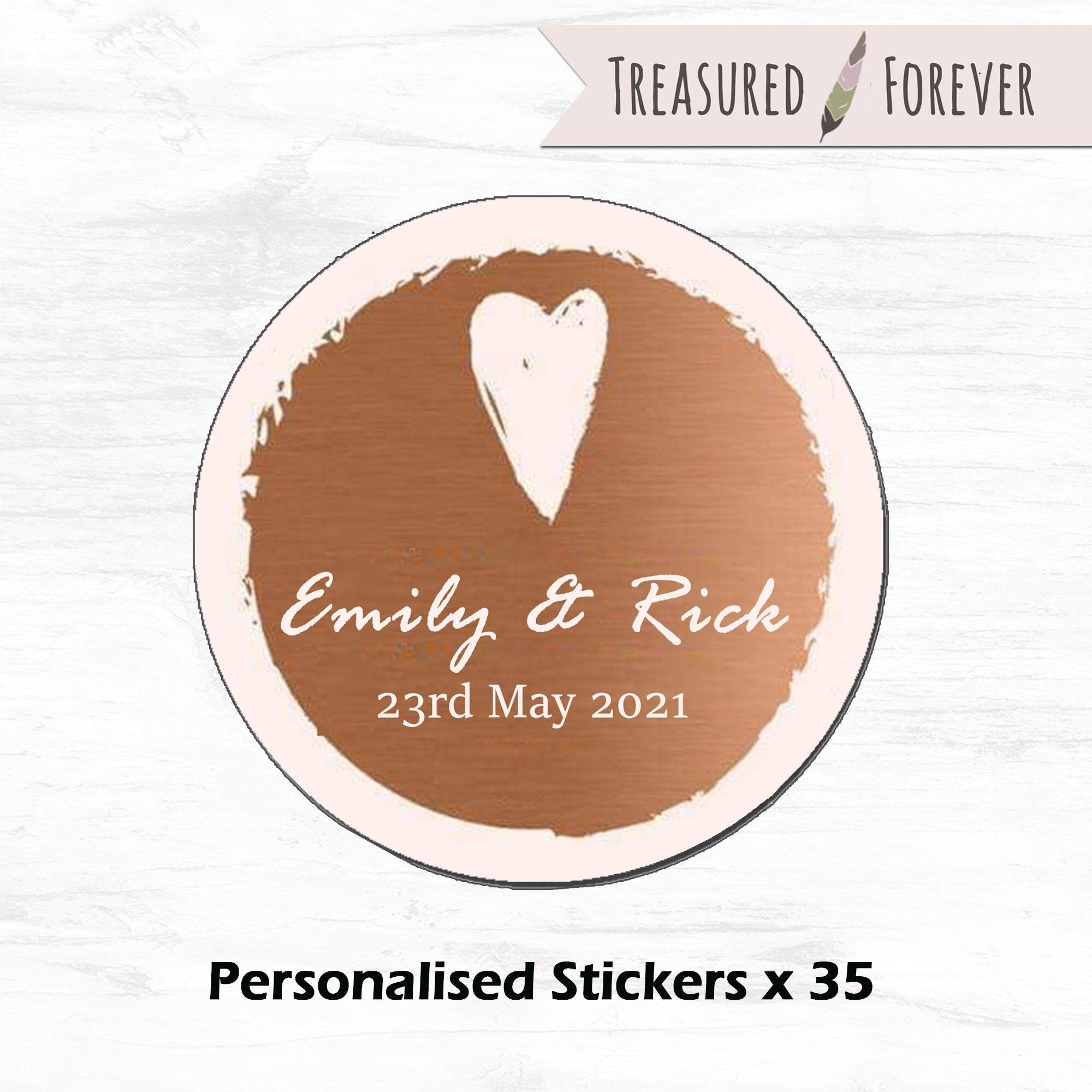 35 x Personalised Wedding Heart Sketch Effect Favour Round Stickers (35mm) - Design 2