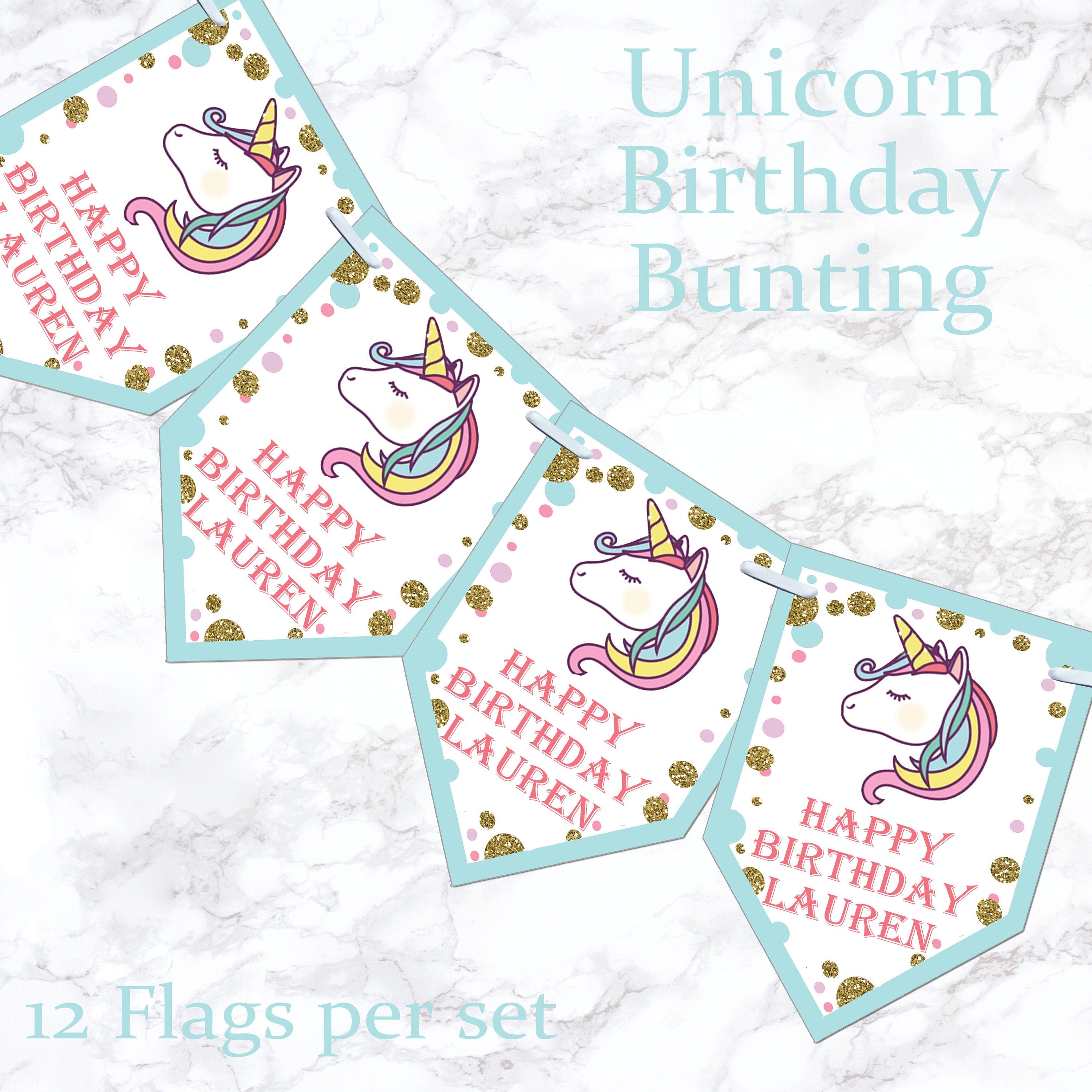 Personalised Unicorn Birthday Bunting Banner 5th 13th 16th 18th 21st- Various Colours