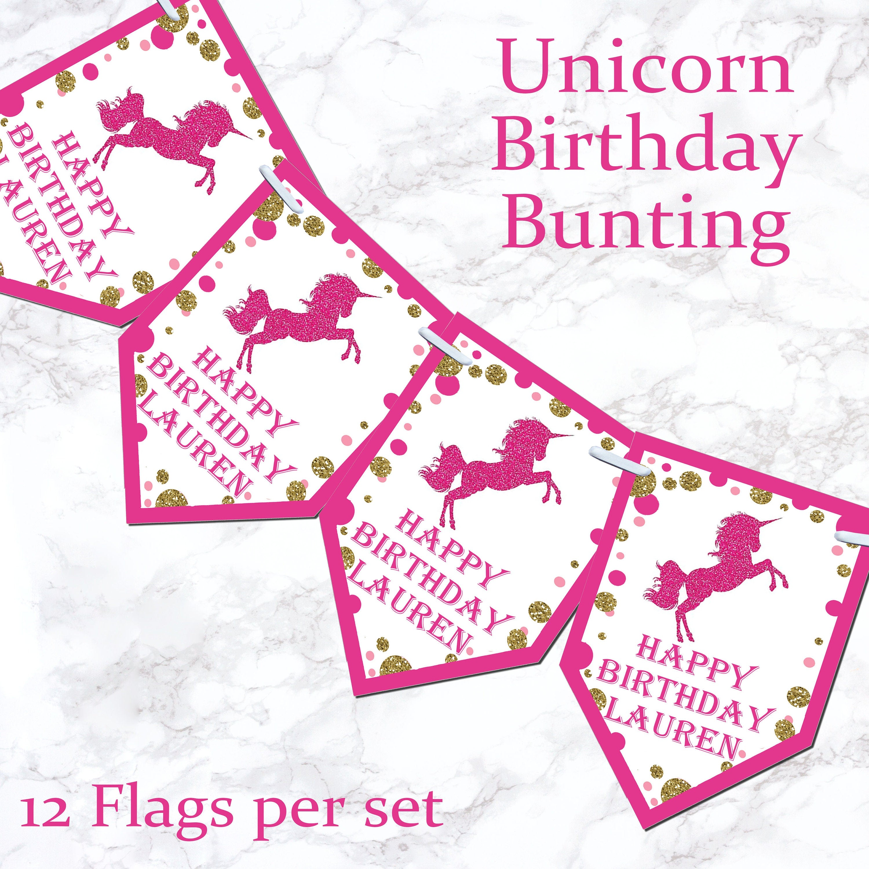 Personalised Unicorn Birthday Bunting Banner 5th 13th 16th 18th 21st- Various Colours