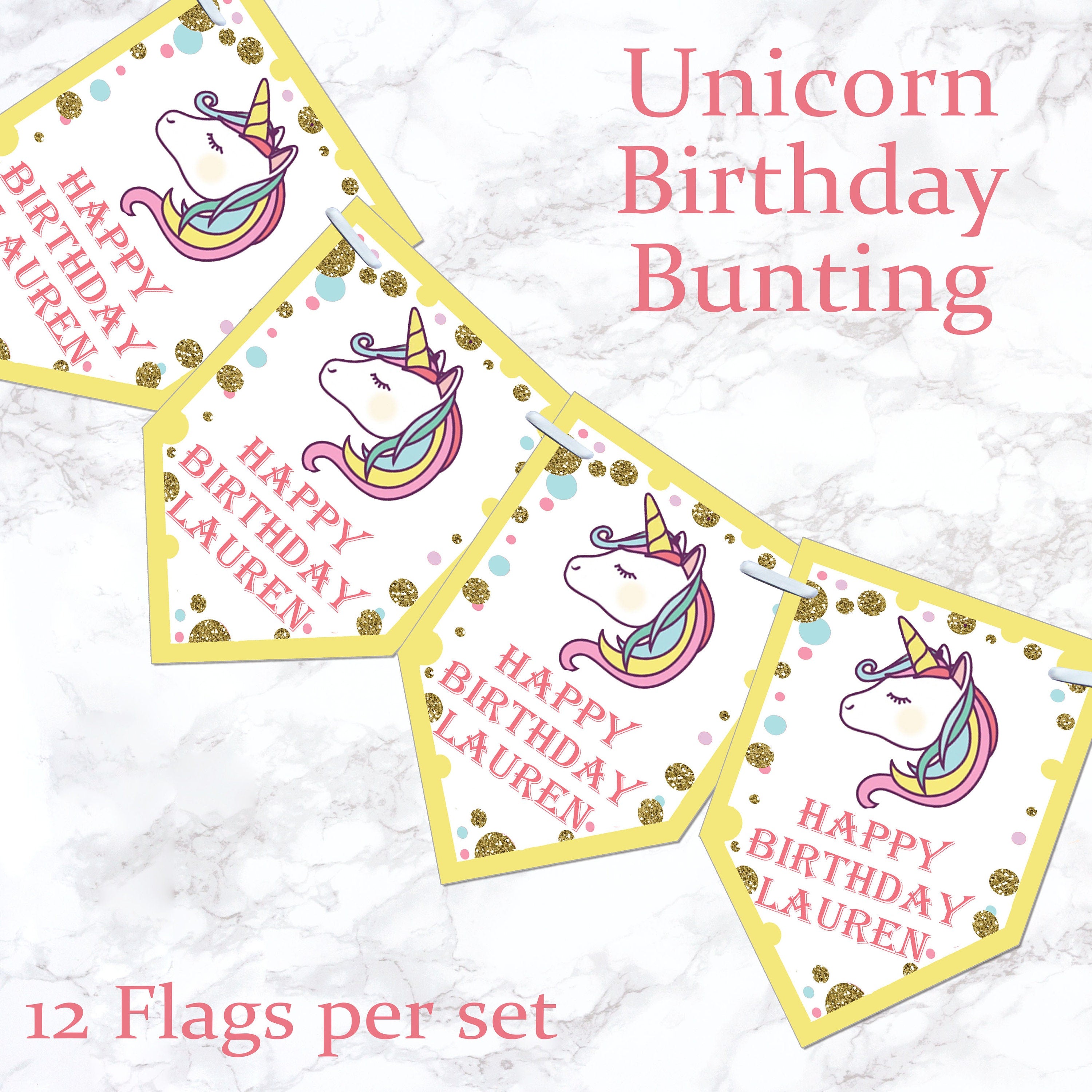 Personalised Unicorn Birthday Bunting Banner 5th 13th 16th 18th 21st- Various Colours