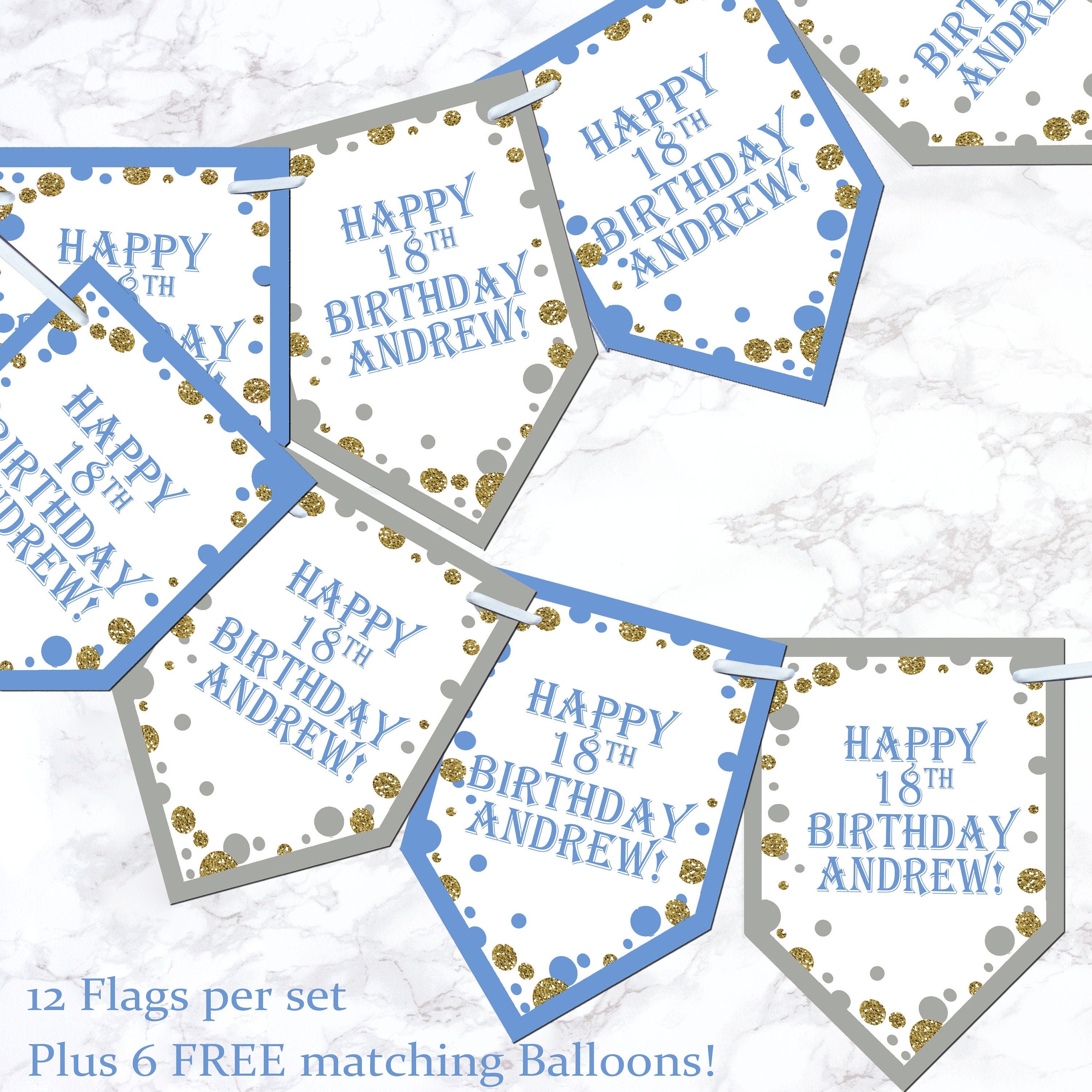 Personalised Glitter Birthday Bunting Banner Girl Boy Party + 6 Free Balloons