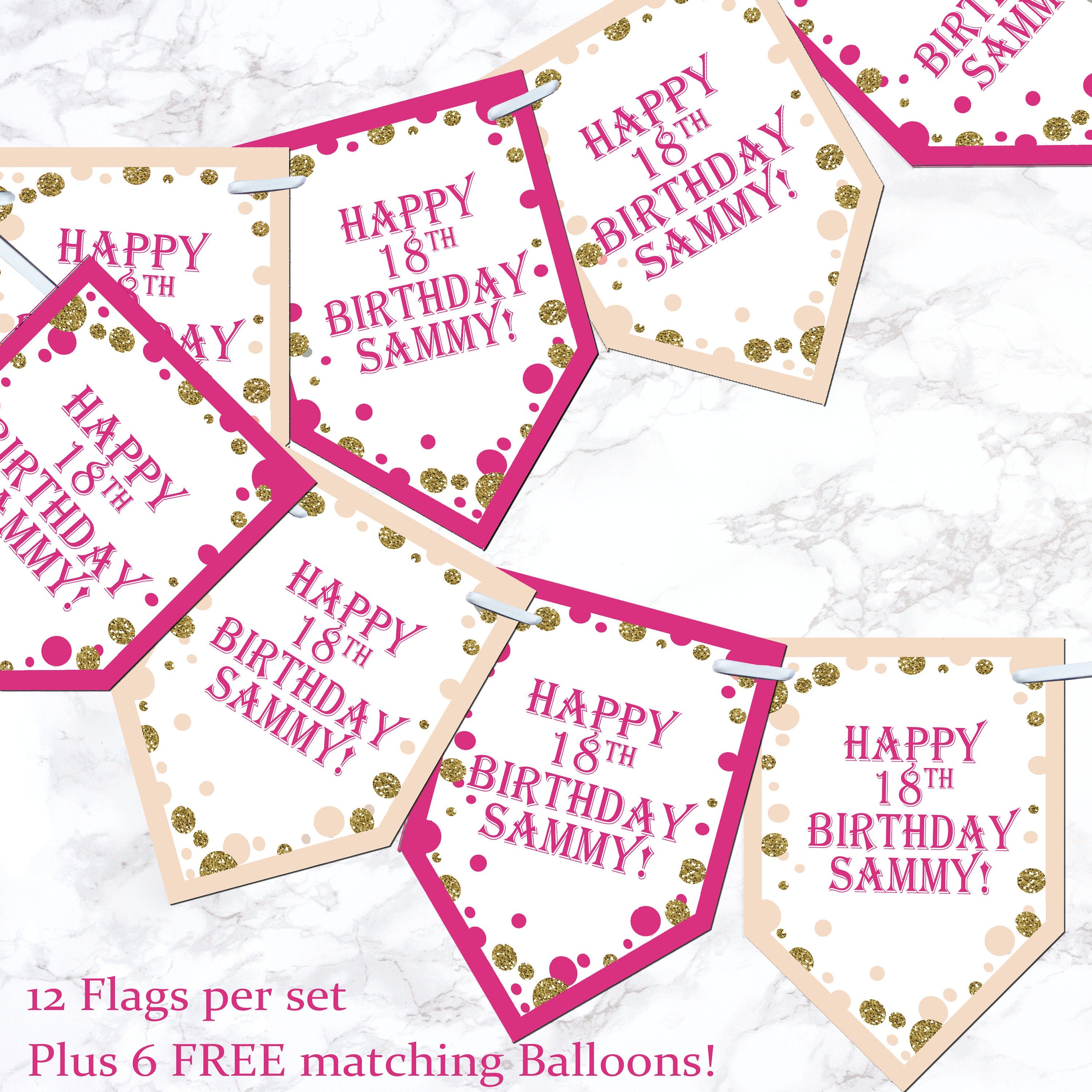 Personalised Glitter Birthday Bunting Banner Girl Boy Party + 6 Free Balloons