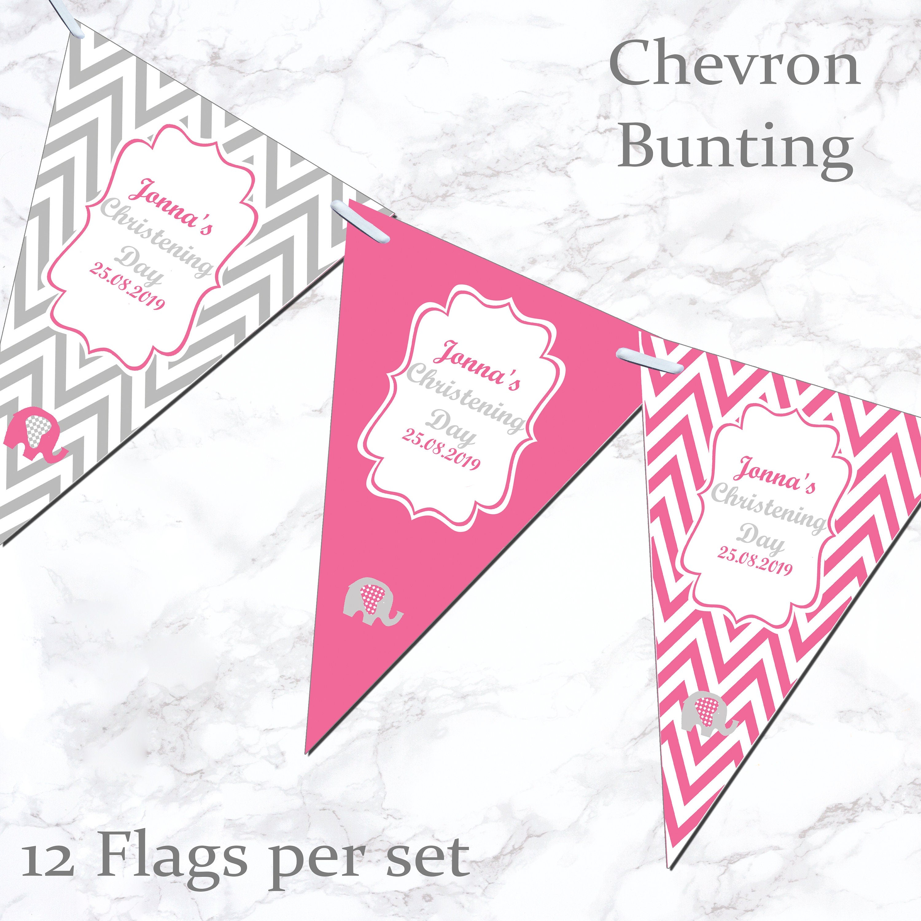 Personalised Christening Bunting  Banner Party Decoration Chevron Flags