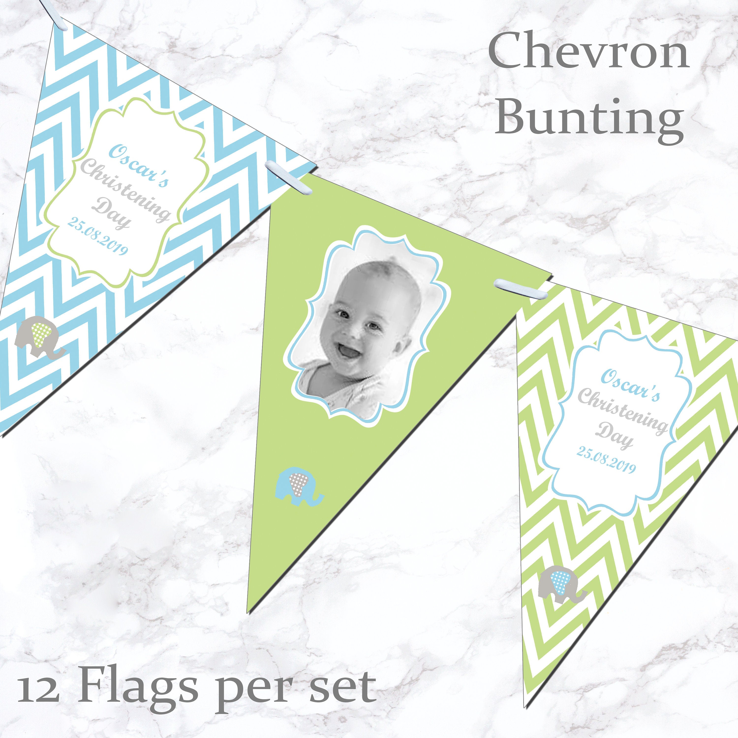 Personalised Christening Bunting  Banner Party Decoration Chevron Flags