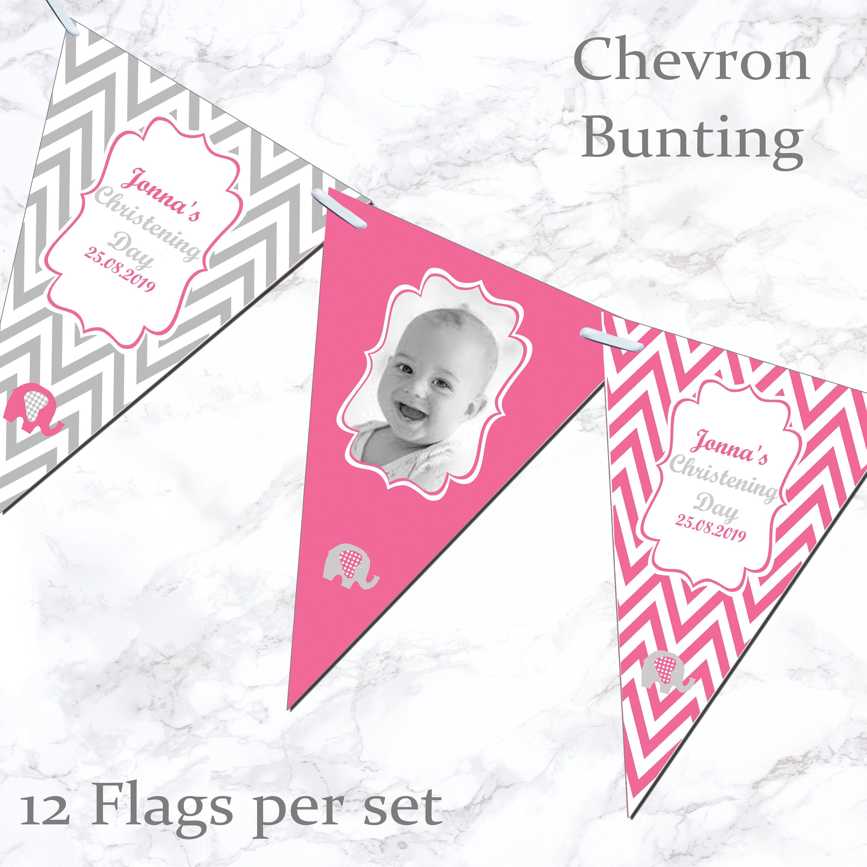 Personalised Christening Bunting  Banner Party Decoration Chevron Flags