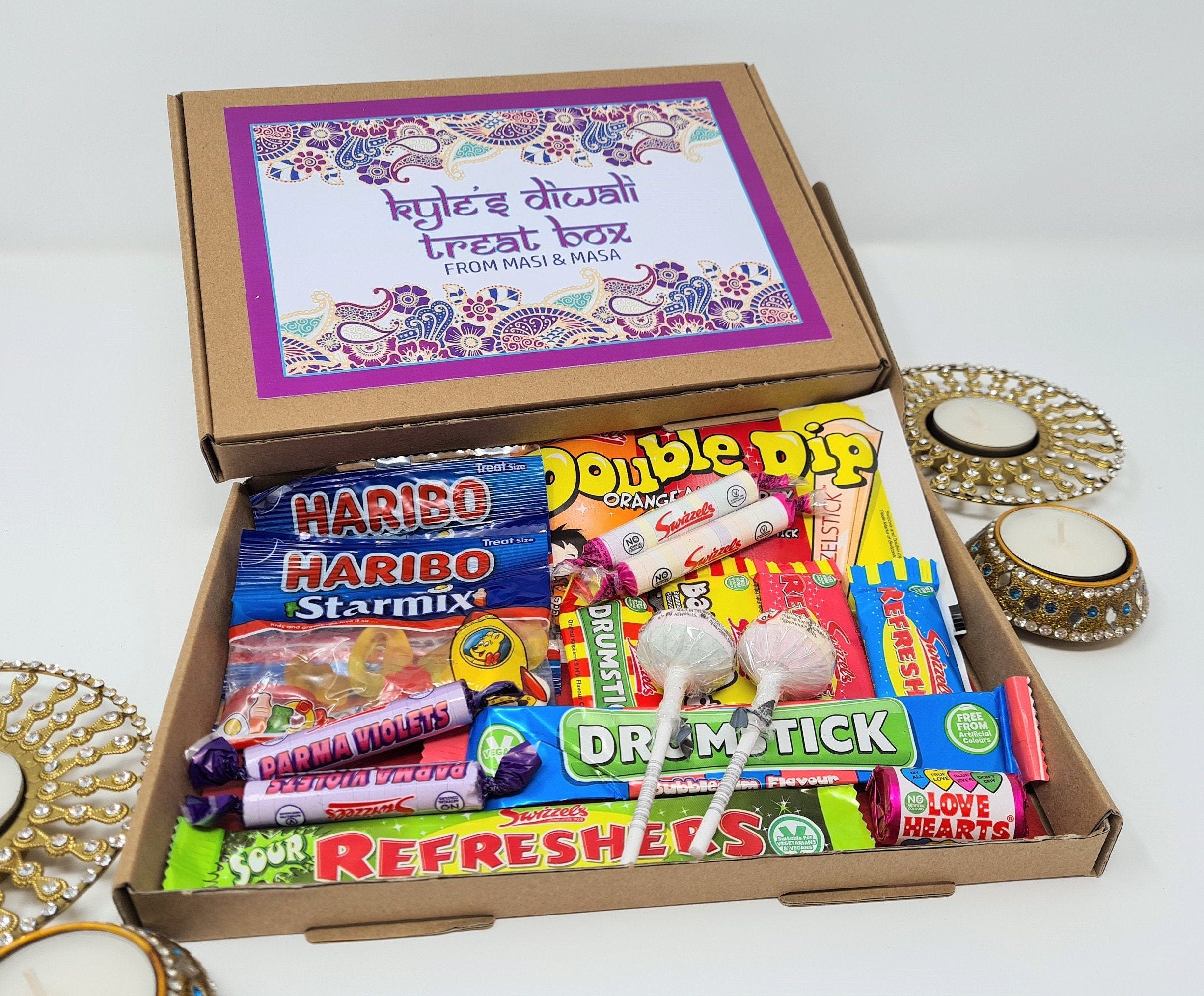 Personalised Diwali Sweets Box Kids Gift Hamper Candy Retro Vegan Treats New Year