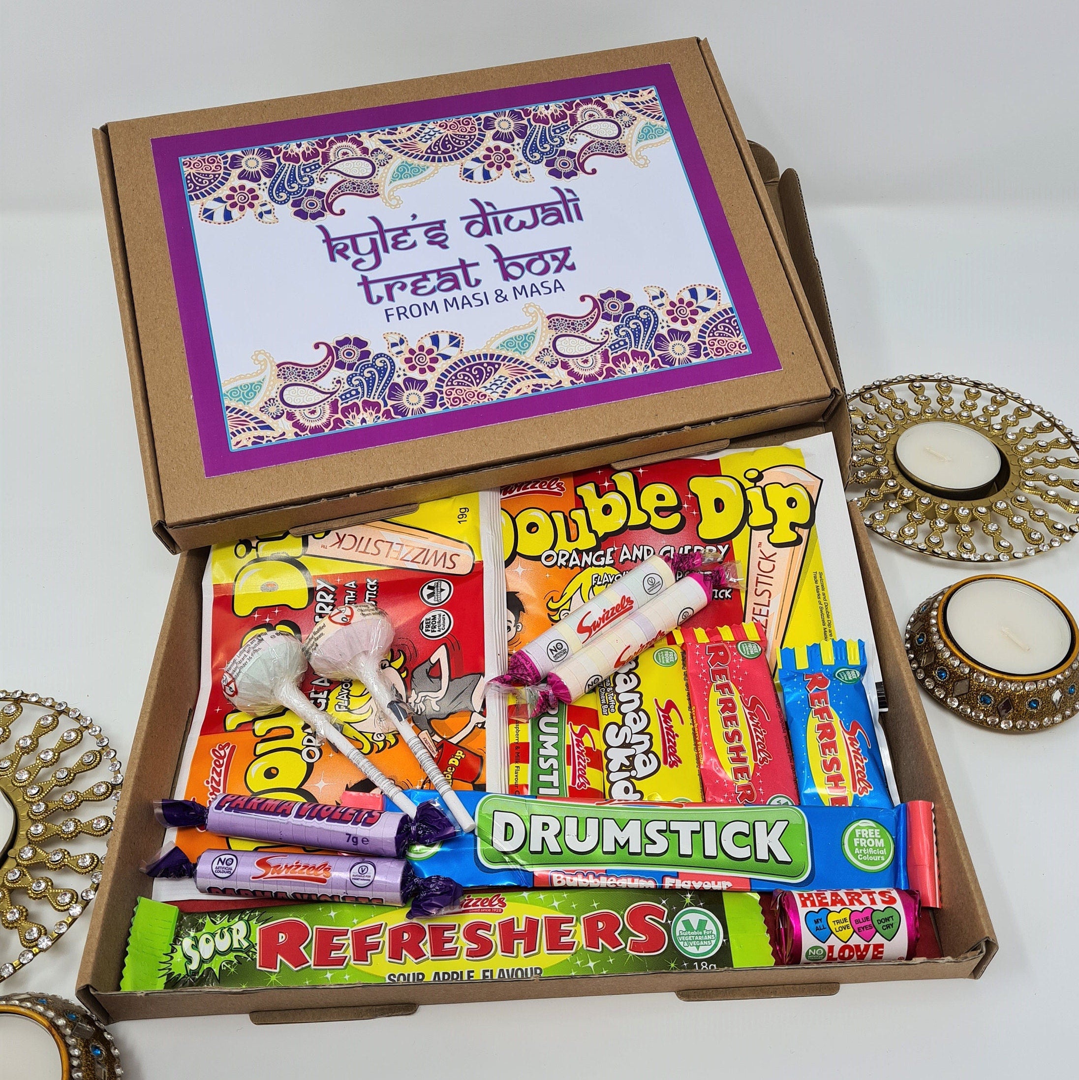 Personalised Diwali Sweets Box Kids Gift Hamper Candy Retro Vegan Treats New Year