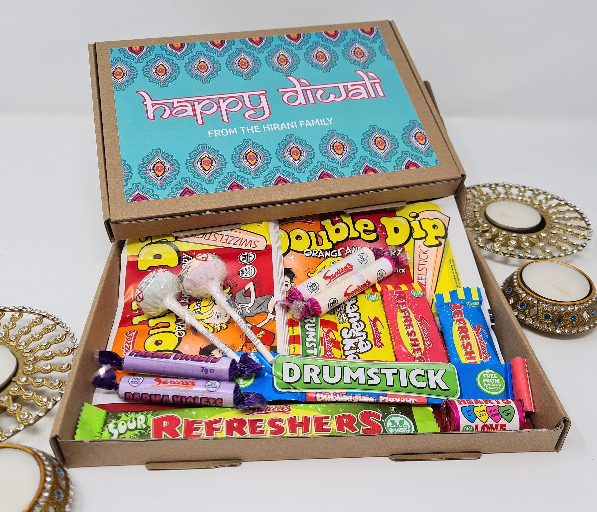 Personalised Diwali Sweets Box Kids Gift Hamper Candy Retro Vegan Treats New Year