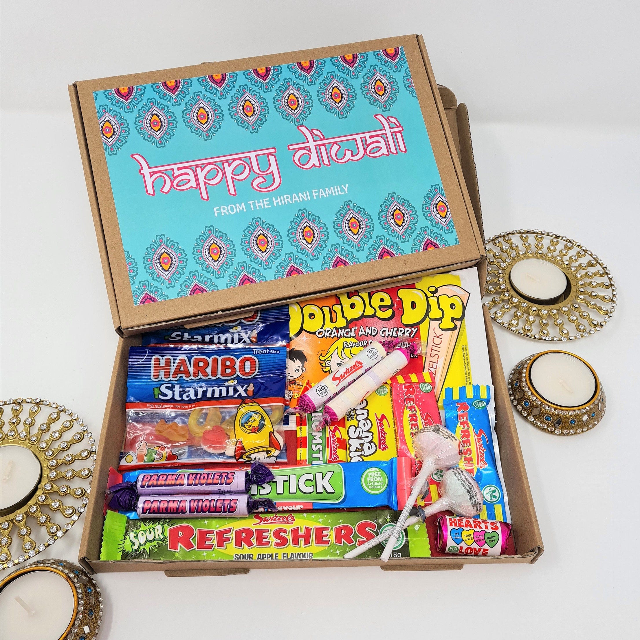 Personalised Diwali Sweets Box Kids Gift Hamper Candy Retro Vegan Treats New Year