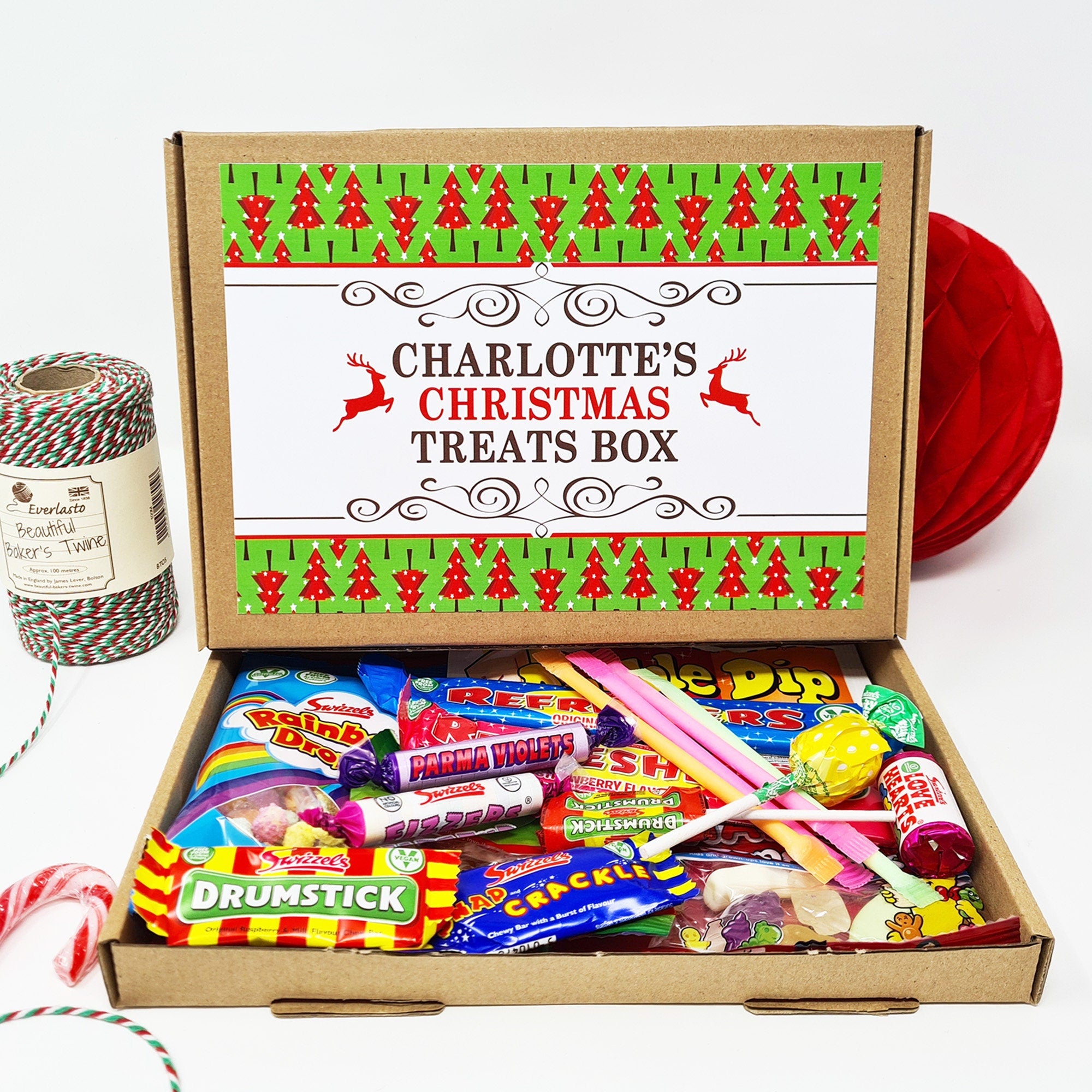 Personalised Christmas Treats Sweets Box Kids Gift Hamper Retro Vegan Stocking