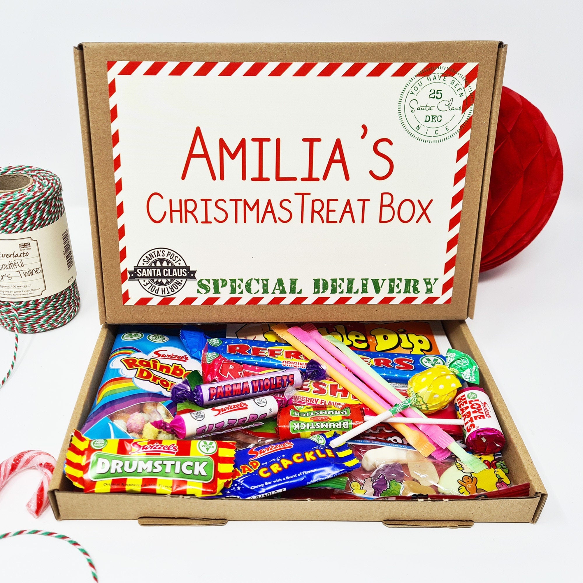 Personalised Christmas Treats Sweets Box Kids Gift Hamper Retro Vegan Stocking