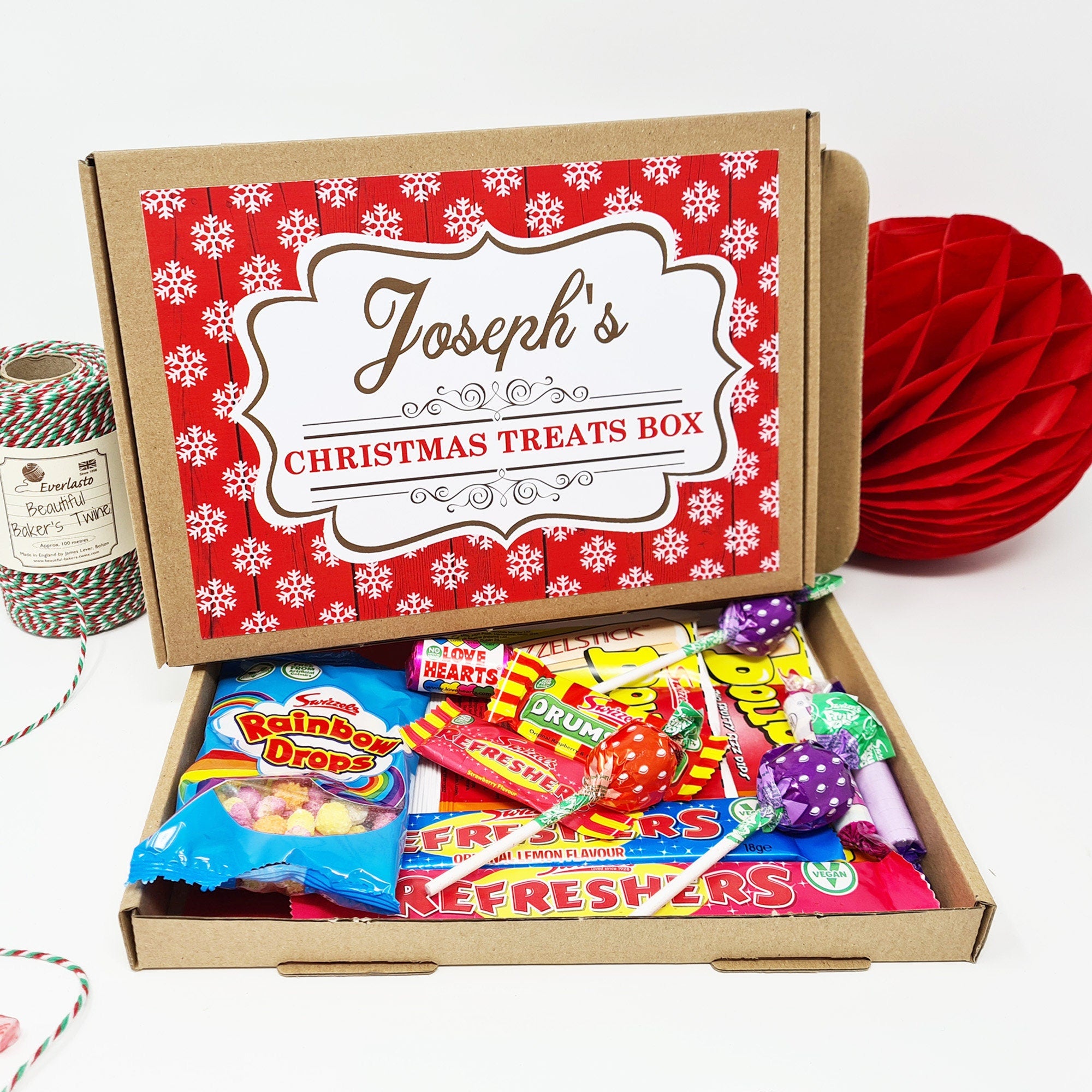 Personalised Christmas Treats Sweets Box Kids Gift Hamper Retro Vegan Stocking