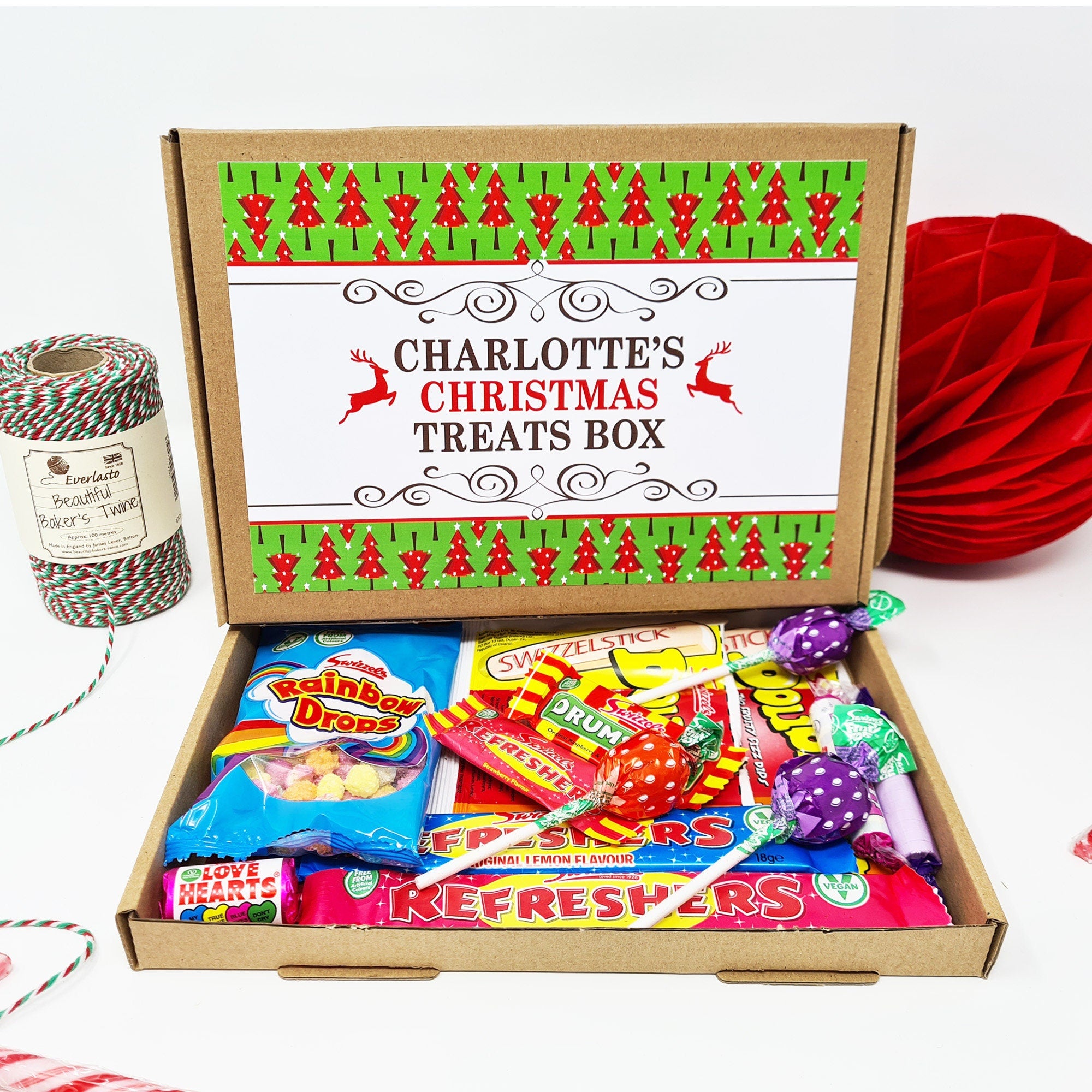 Personalised Christmas Treats Sweets Box Kids Gift Hamper Retro Vegan Stocking