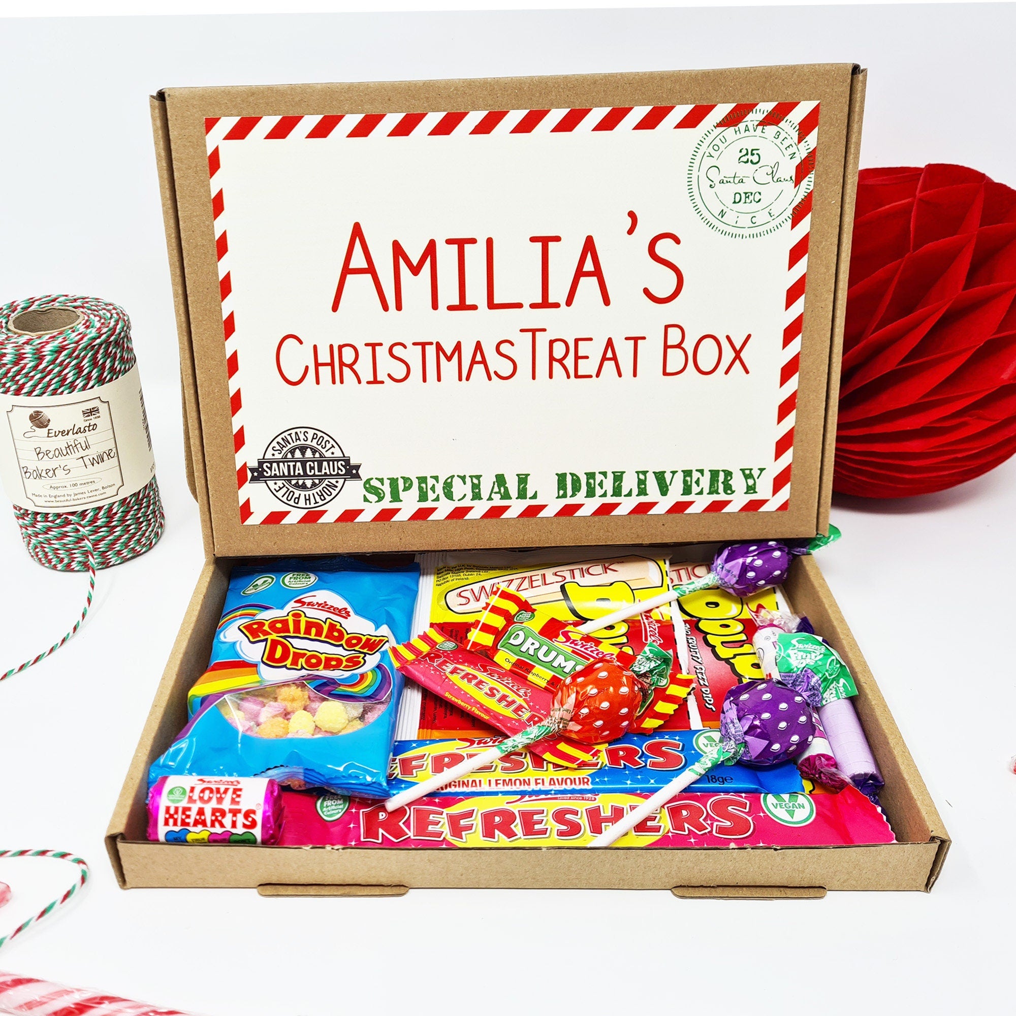 Personalised Christmas Treats Sweets Box Kids Gift Hamper Retro Vegan Stocking