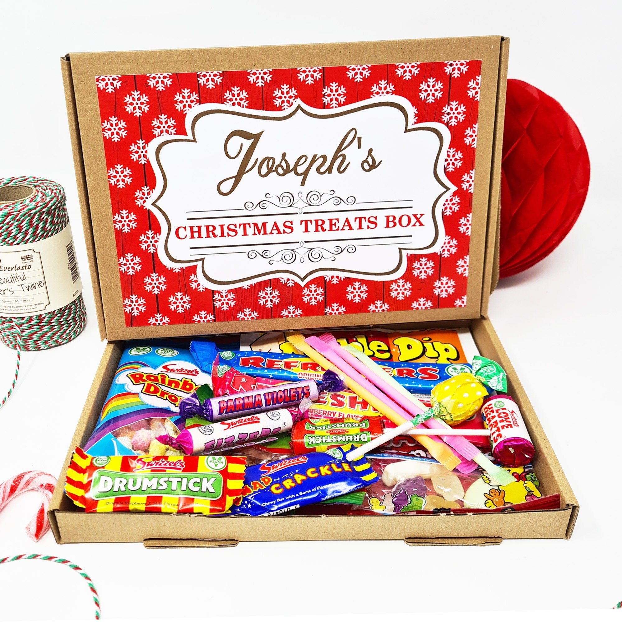 Personalised Christmas Treats Sweets Box Kids Gift Hamper Retro Vegan Stocking