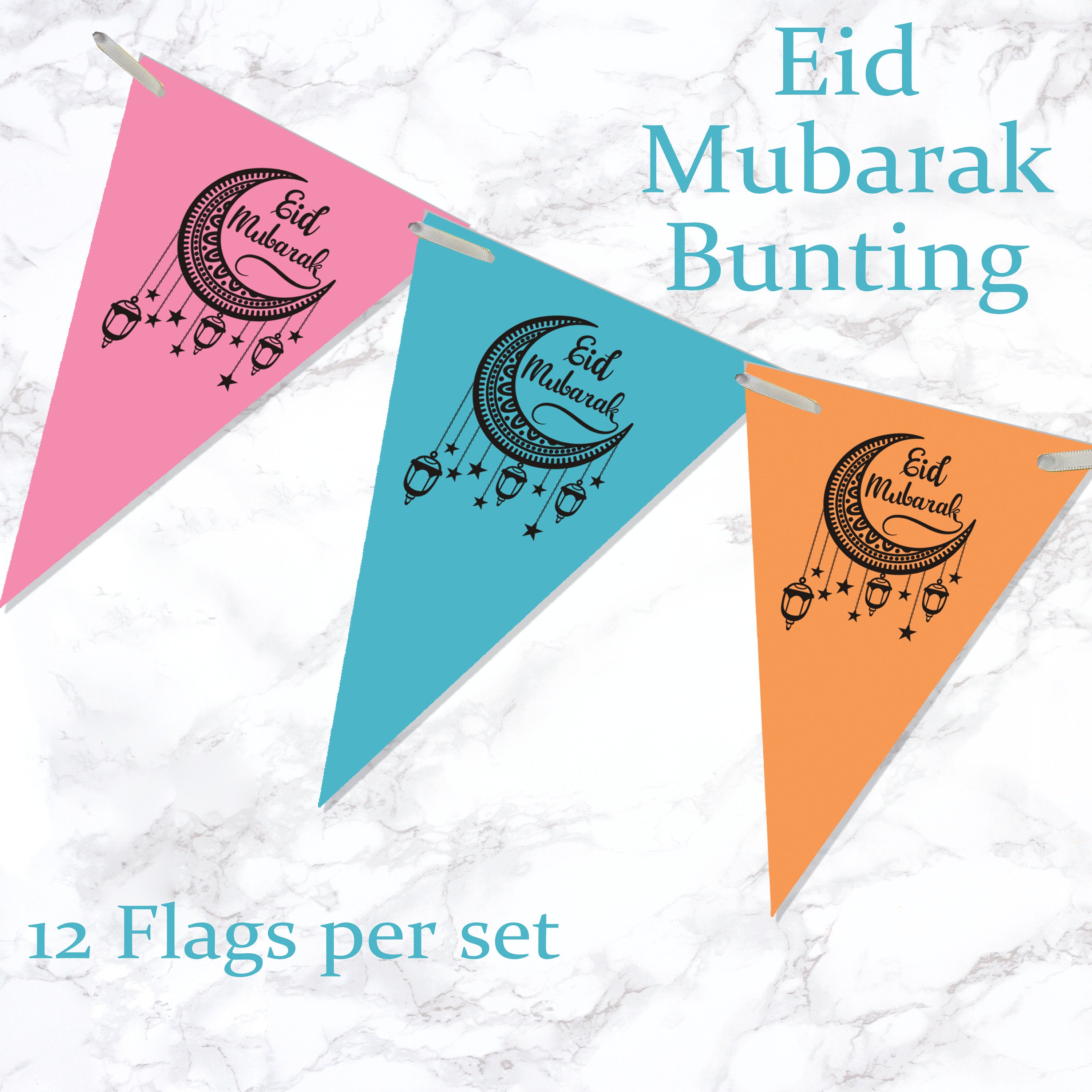 Eid Mubarak Ramadan Kareem Muslim Islam Pendant Bunting Home Party Banner Decor x 12 flags Triangle