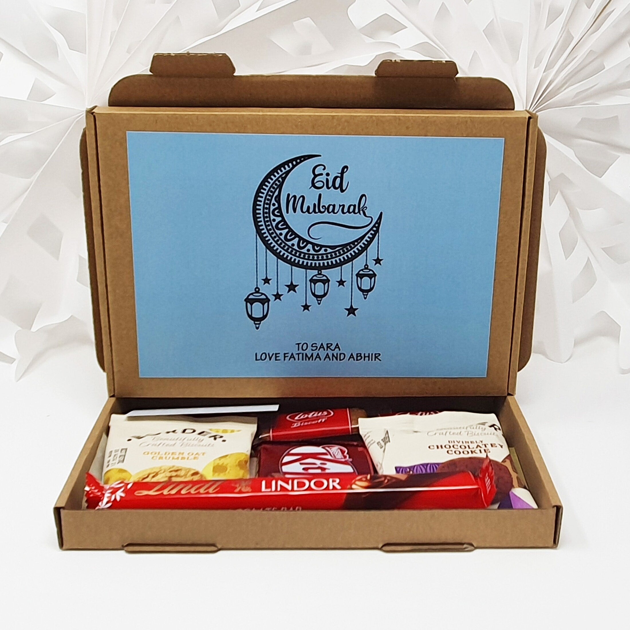 Personalised Eid Mubarak Eid Sweets Hug in a box, Letterbox gift Afternoon tea, hamper gift,