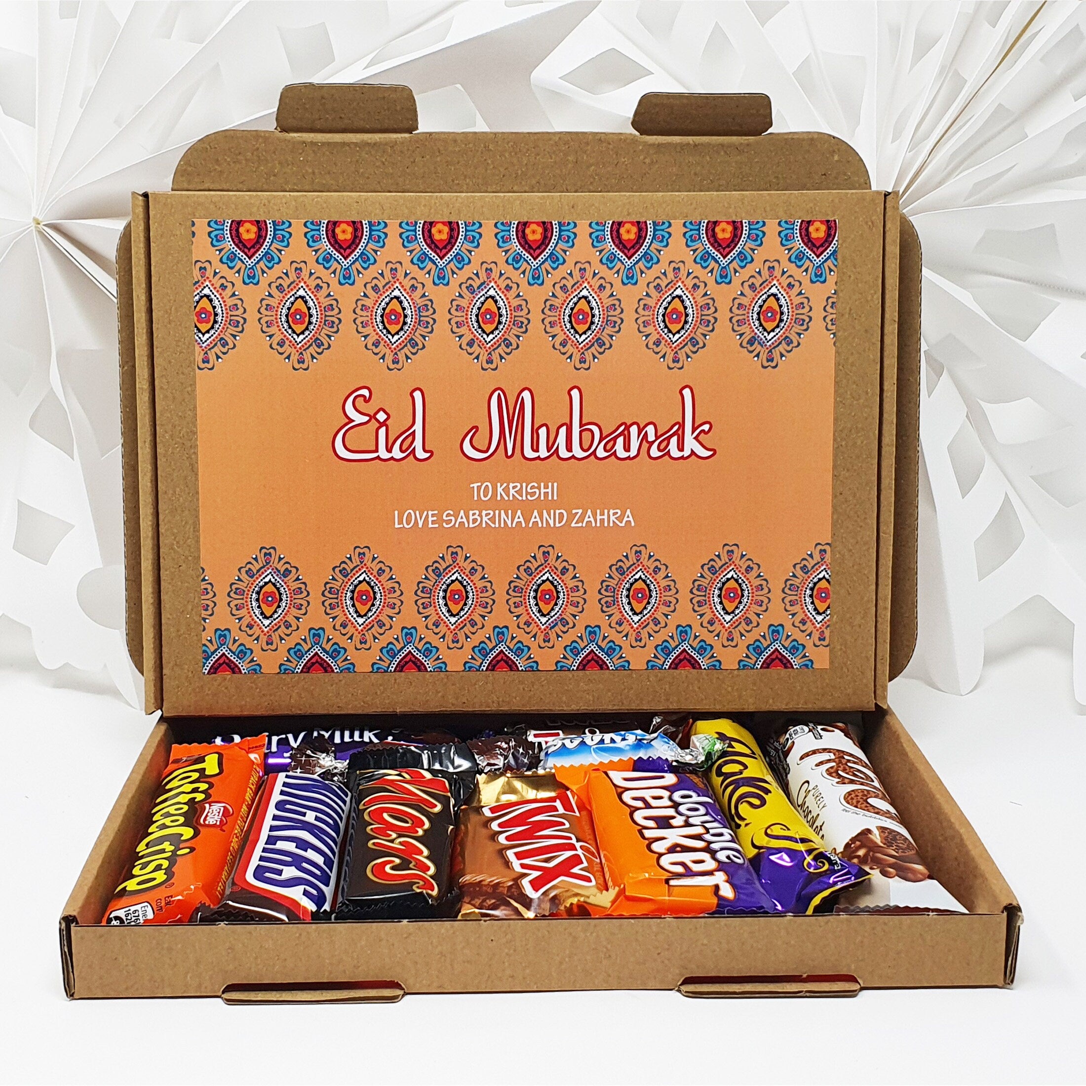 Personalised Eid Mubarak Eid Sweets Hug in a box, Letterbox gift Afternoon tea, hamper gift,