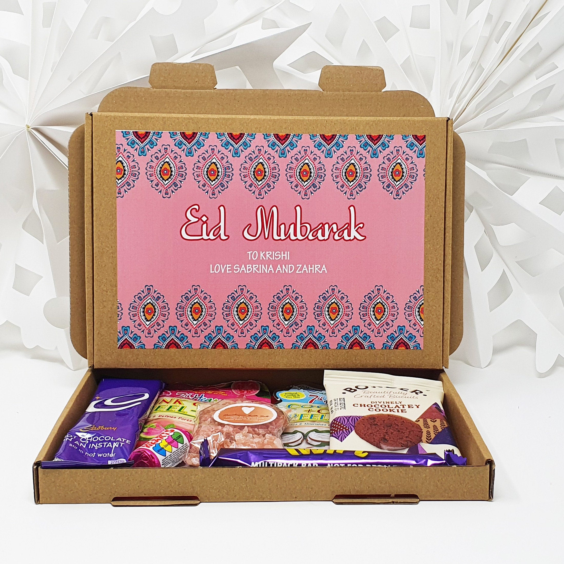 Personalised Eid Mubarak Eid Sweets Hug in a box, Letterbox gift Afternoon tea, hamper gift,