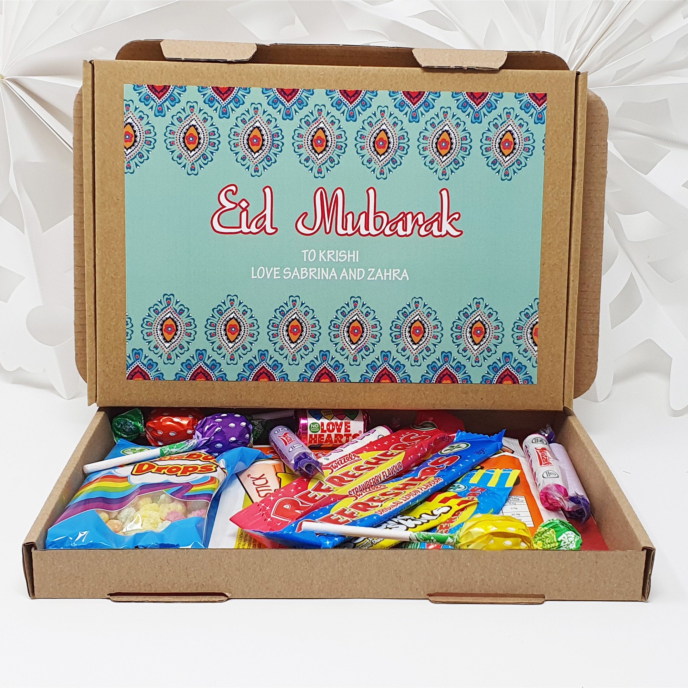 Personalised Eid Mubarak Eid Sweets Hug in a box, Letterbox gift Afternoon tea, hamper gift,