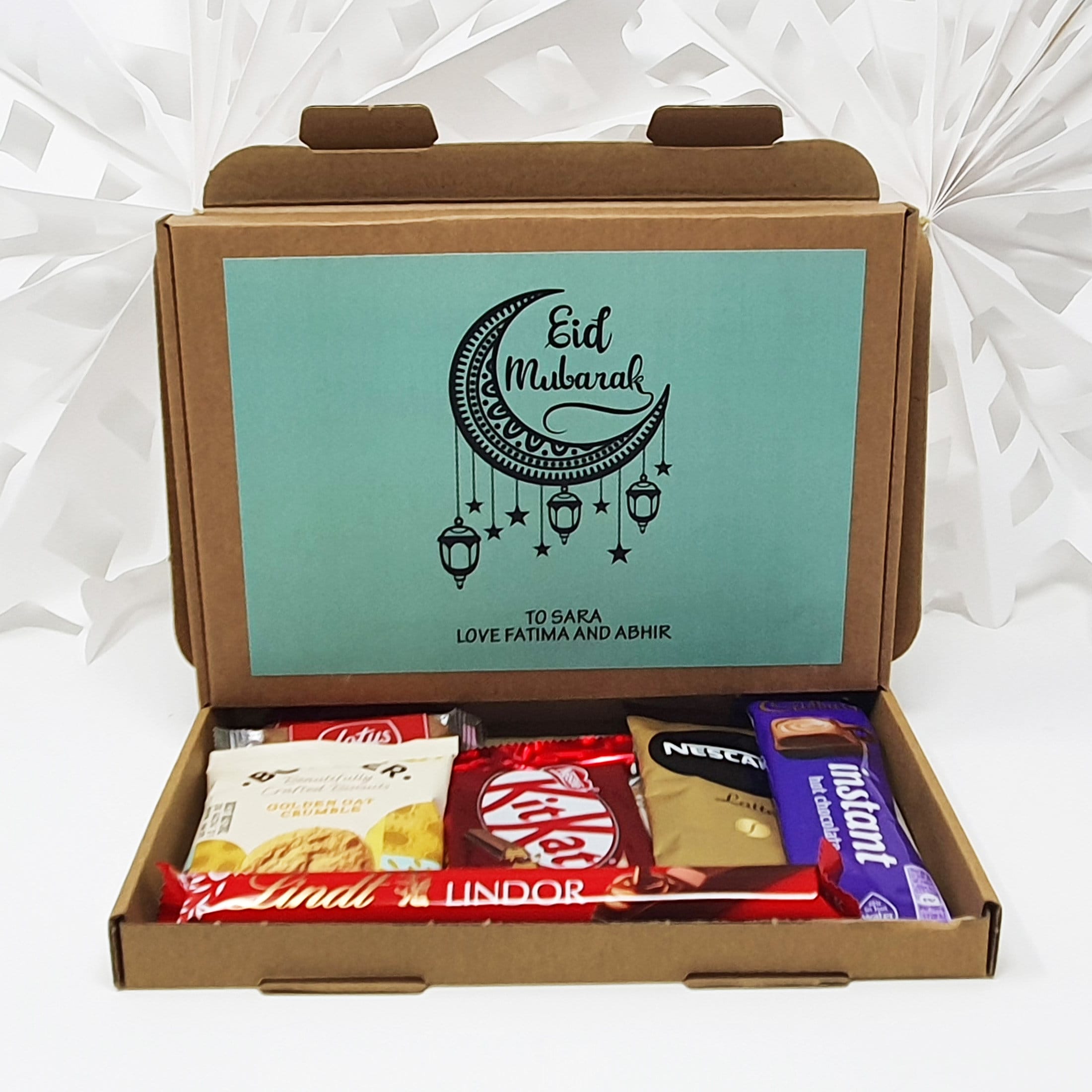 Personalised Eid Mubarak Eid Sweets Hug in a box, Letterbox gift Afternoon tea, hamper gift,