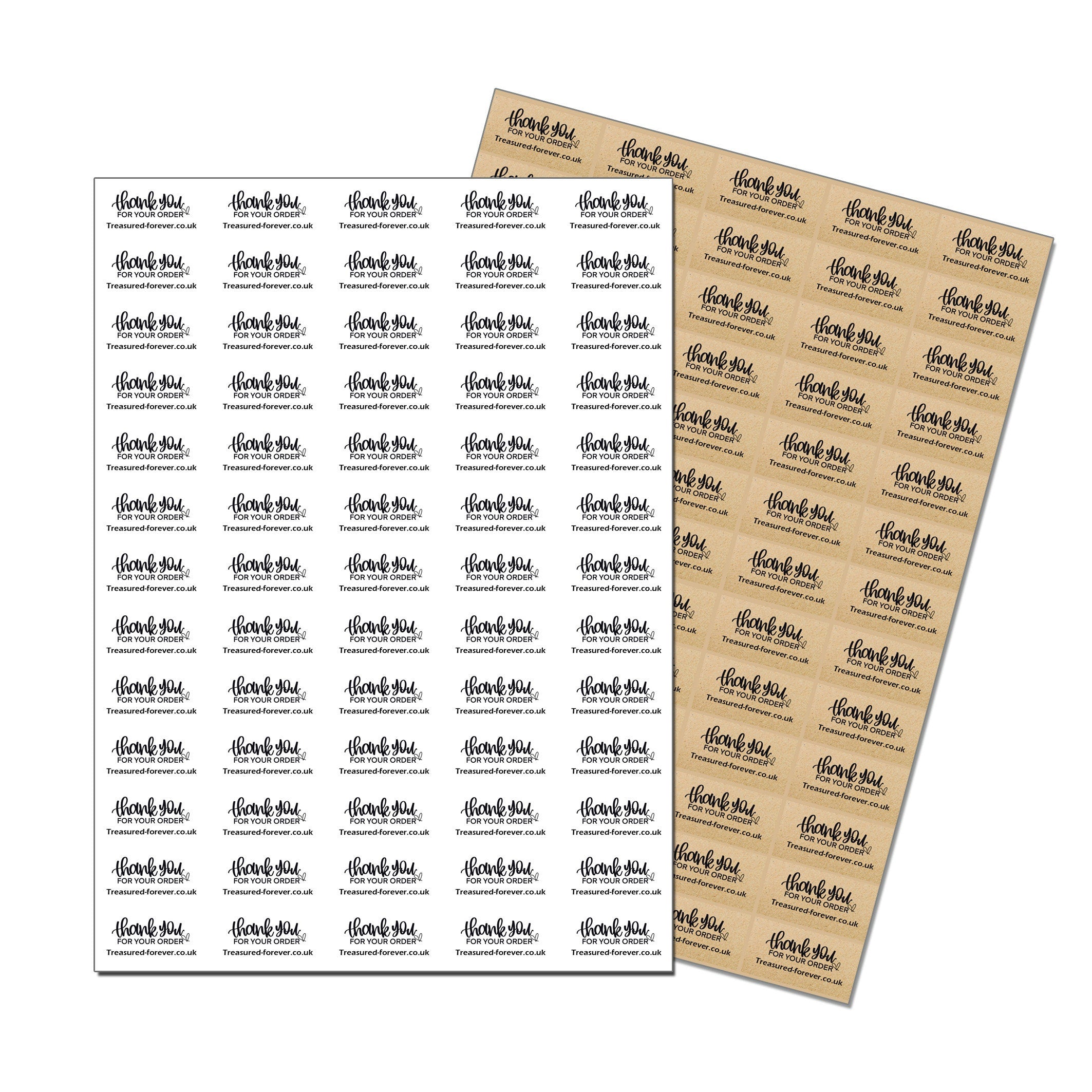 Kraft / White Thank you for your order Labels - 65 Personalised Printed Sticky Stickers with Website or Name