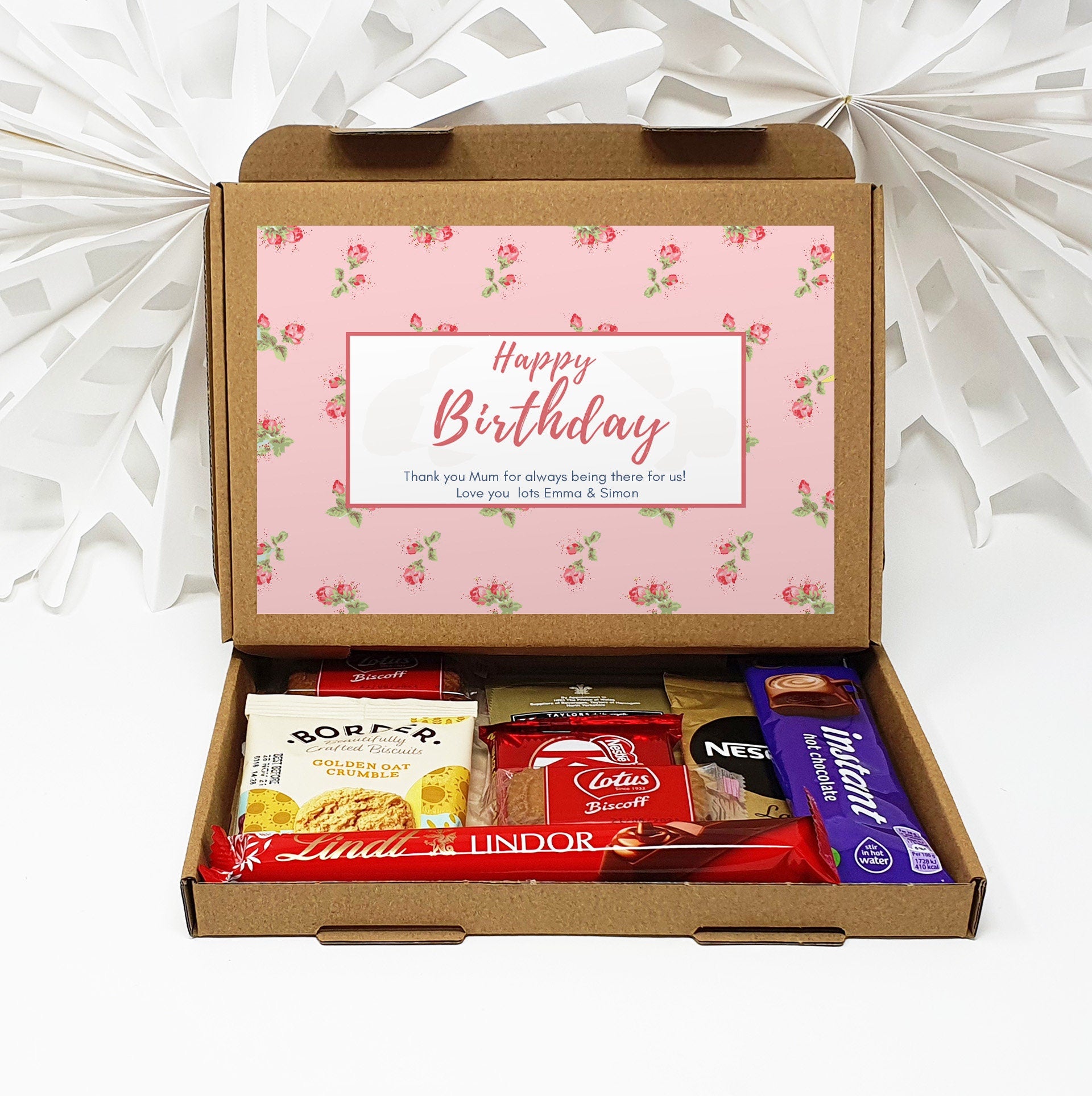 Personalised Birthday Pamper Treat Box Letterbox Gift Hug in a Box Hamper Chocolate Sweets Tea Lover Coffee Vegan Floral