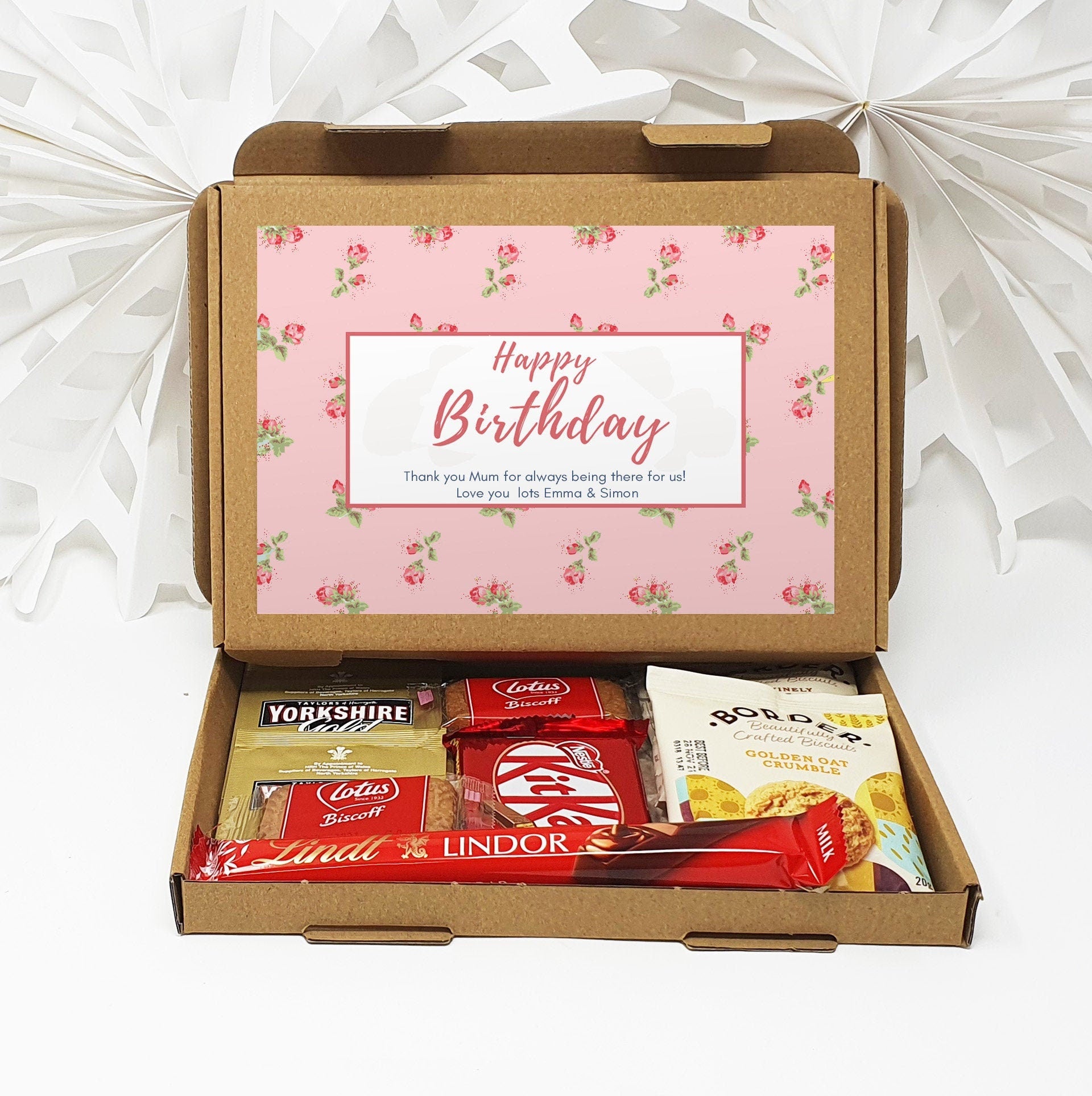 Personalised Birthday Pamper Treat Box Letterbox Gift Hug in a Box Hamper Chocolate Sweets Tea Lover Coffee Vegan Floral