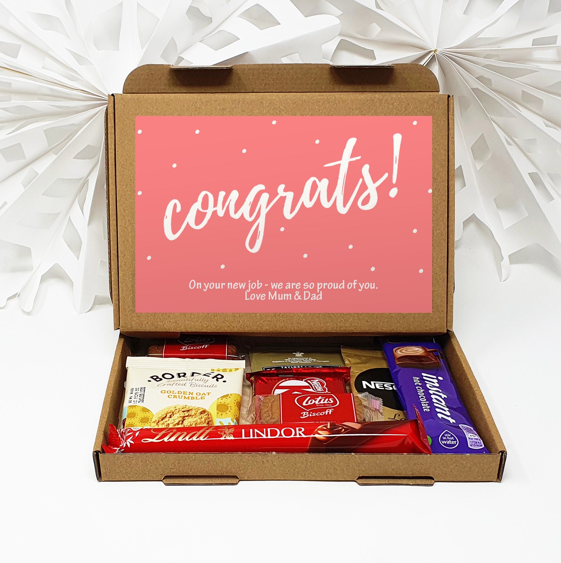 Personalised Congratulations Pamper Treat Box Letterbox Gift Hug in a Box Hamper Chocolate Sweets Tea Lover Coffee Vegan Floral