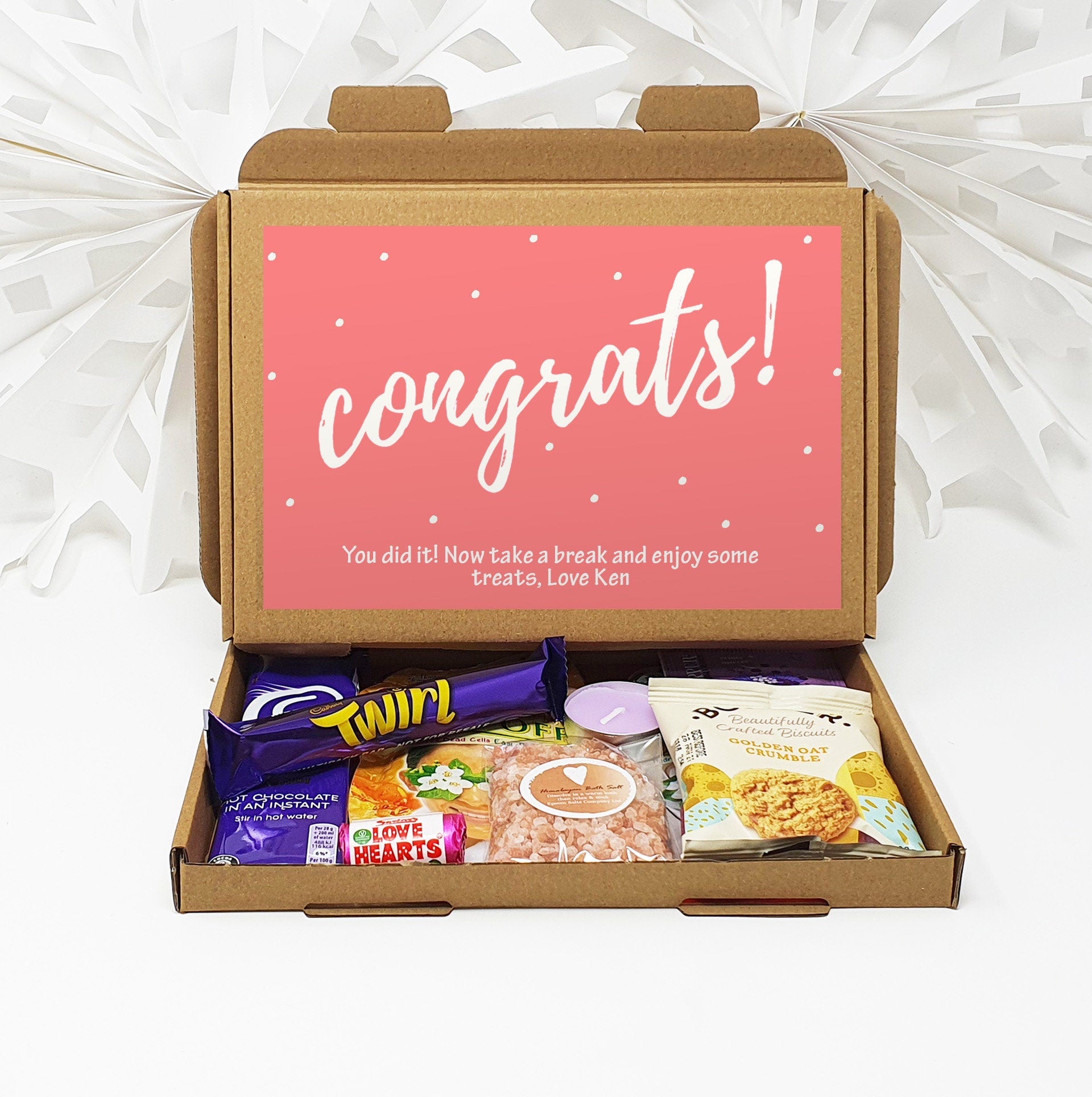 Personalised Congratulations Pamper Treat Box Letterbox Gift Hug in a Box Hamper Chocolate Sweets Tea Lover Coffee Vegan Floral