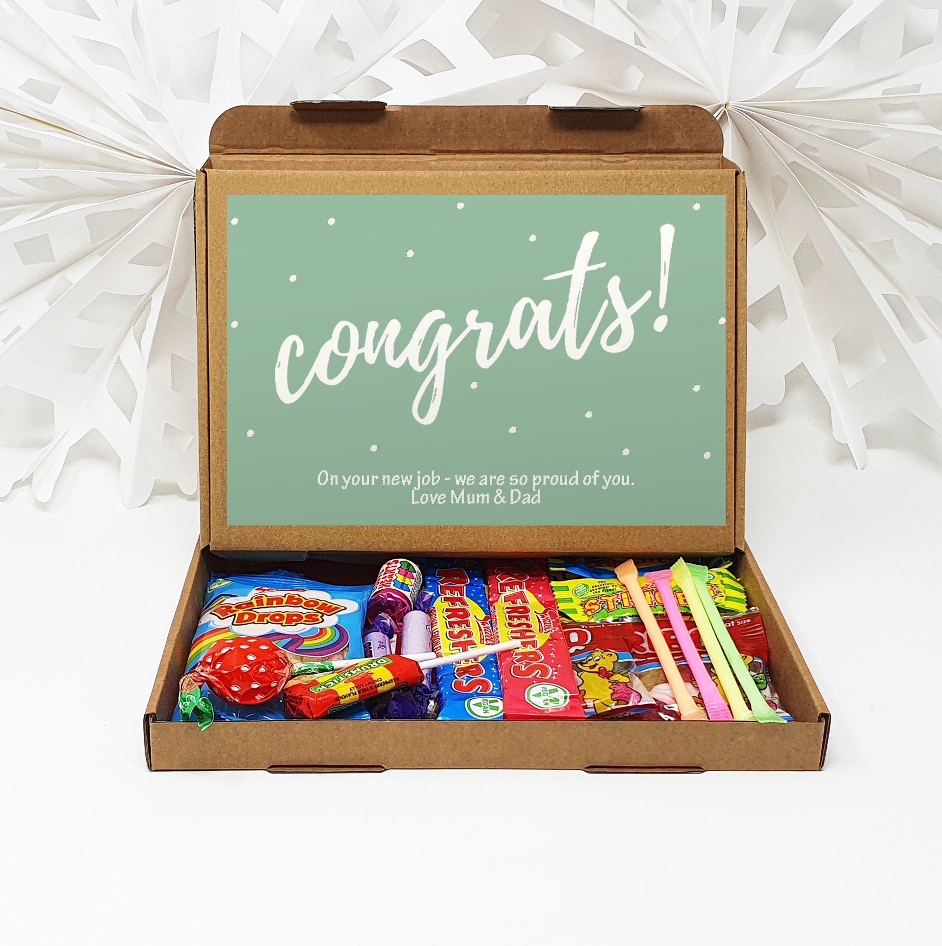 Personalised Congratulations Pamper Treat Box Letterbox Gift Hug in a Box Hamper Chocolate Sweets Tea Lover Coffee Vegan Floral