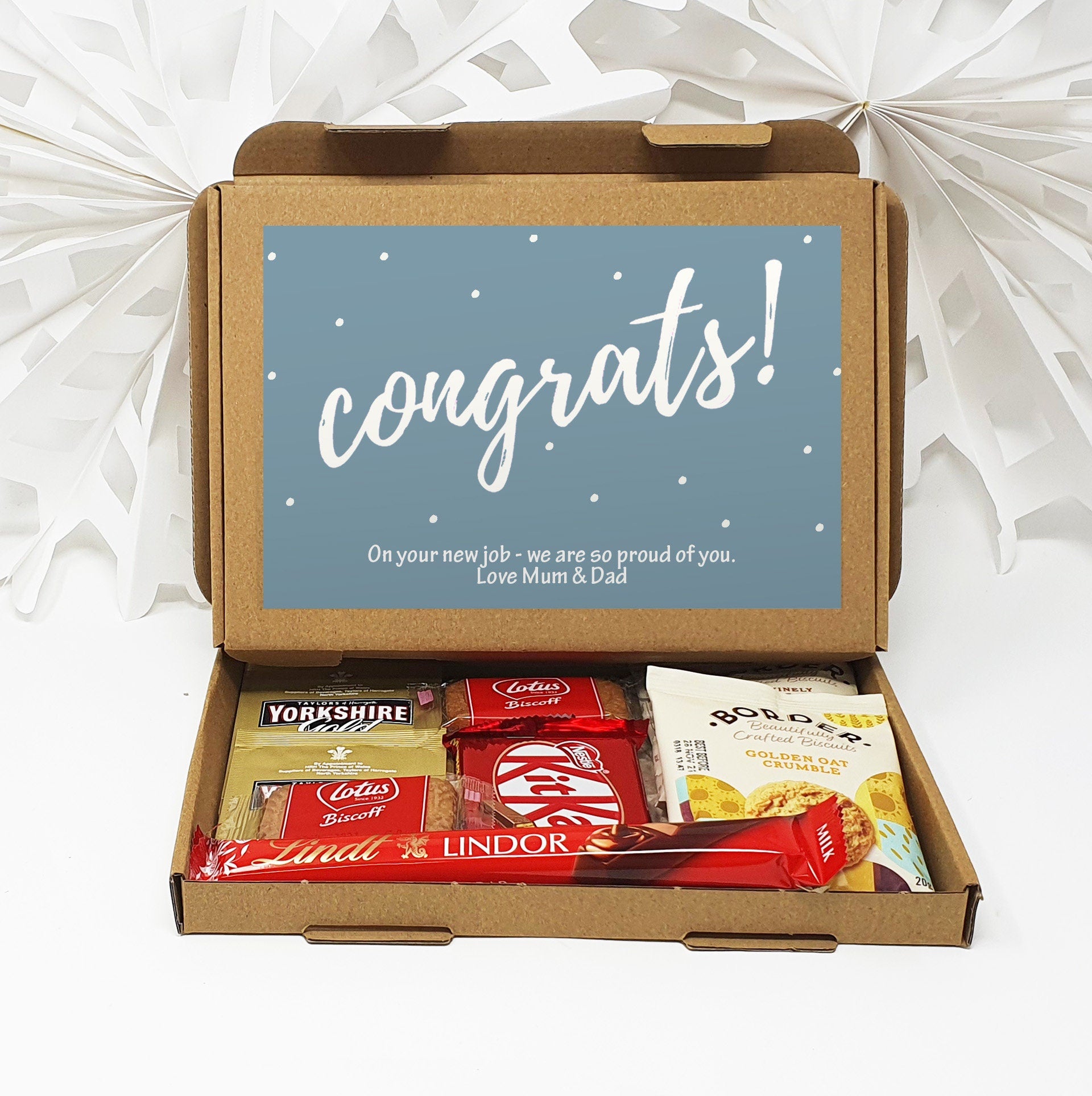 Personalised Congratulations Pamper Treat Box Letterbox Gift Hug in a Box Hamper Chocolate Sweets Tea Lover Coffee Vegan Floral