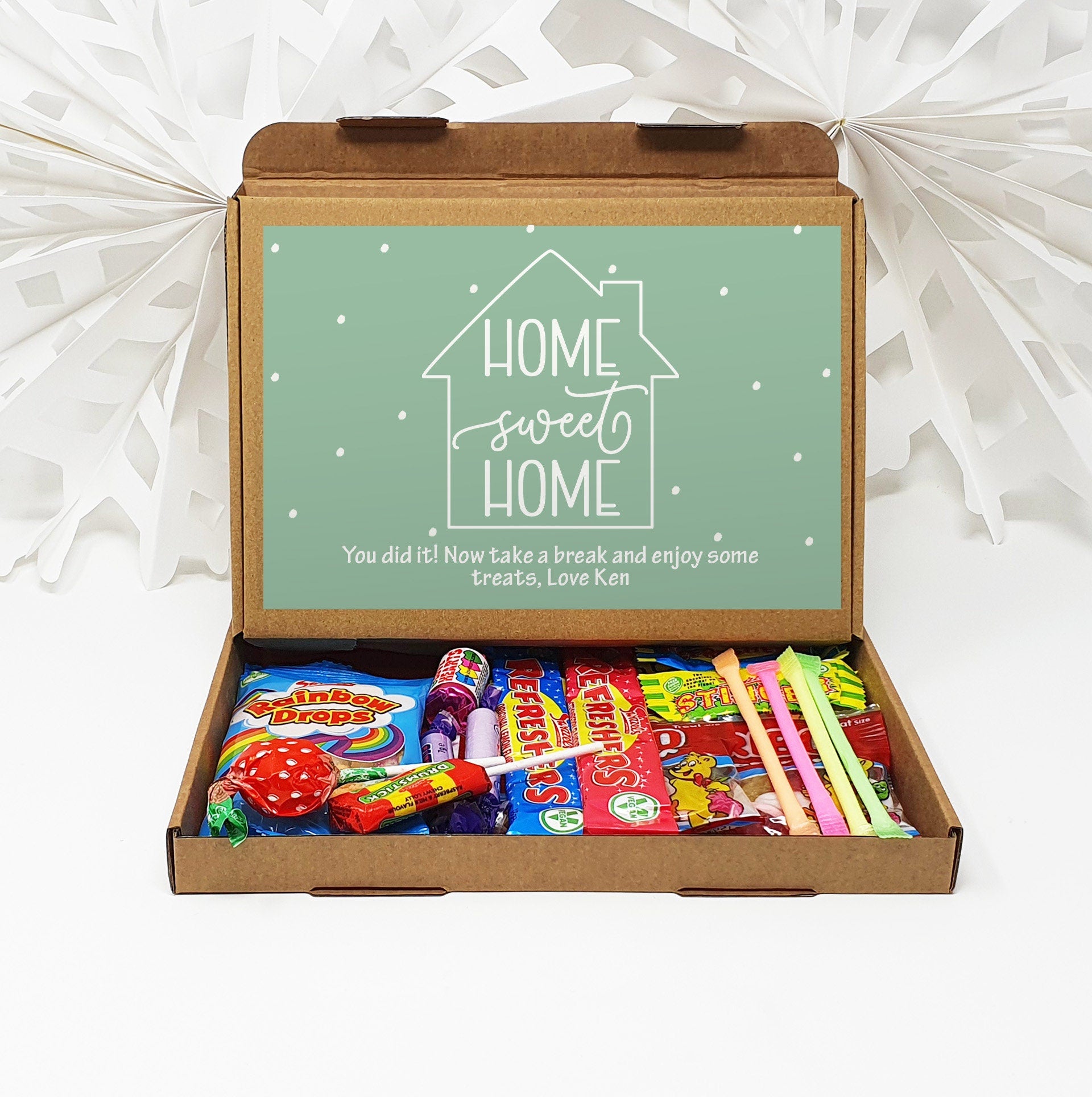 Personalised New Home House Pamper Treat Box Letterbox Gift Hug in a Box Hamper Chocolate Sweets Tea Lover Coffee Vegan Floral