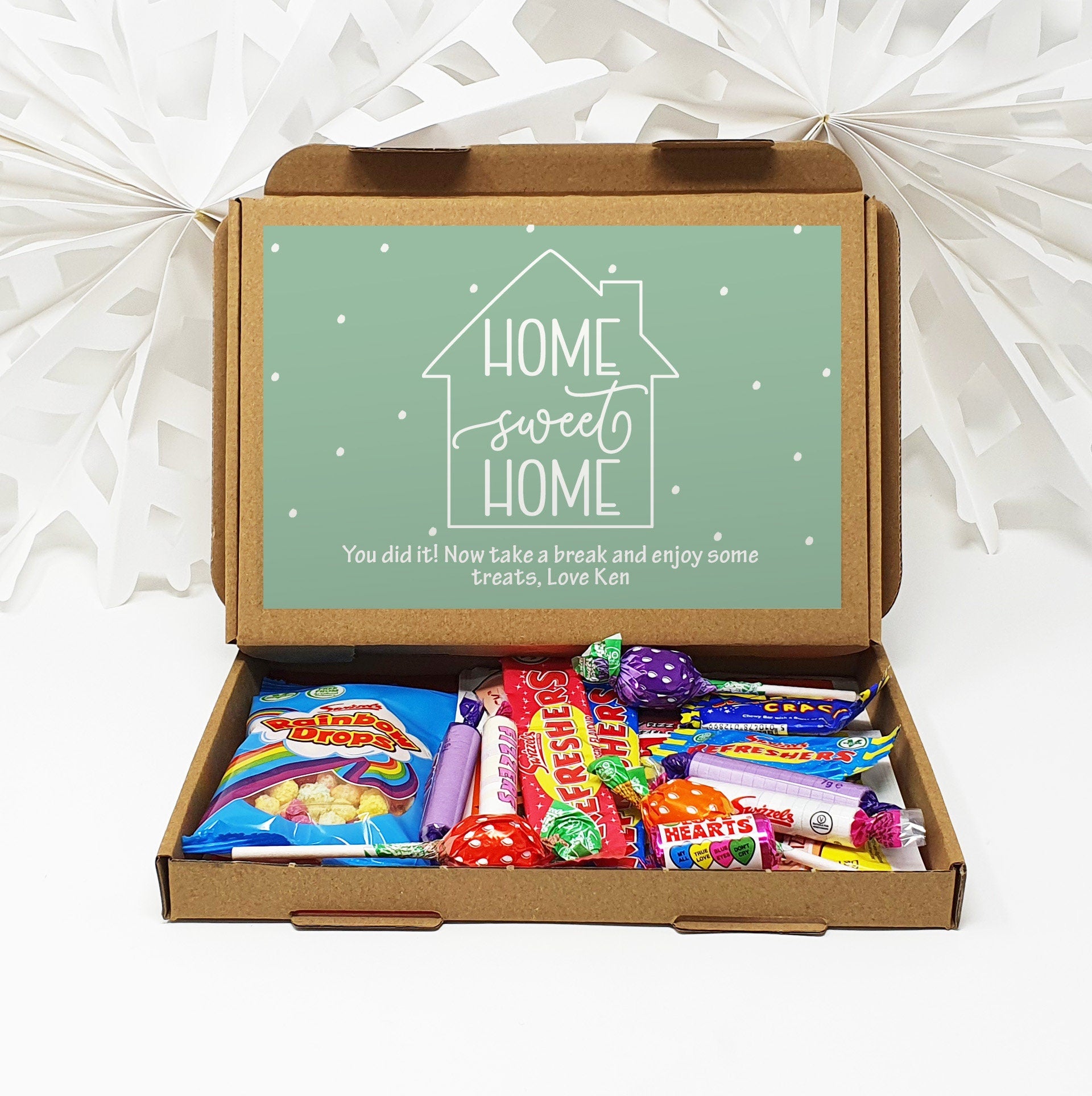 Personalised New Home House Pamper Treat Box Letterbox Gift Hug in a Box Hamper Chocolate Sweets Tea Lover Coffee Vegan Floral