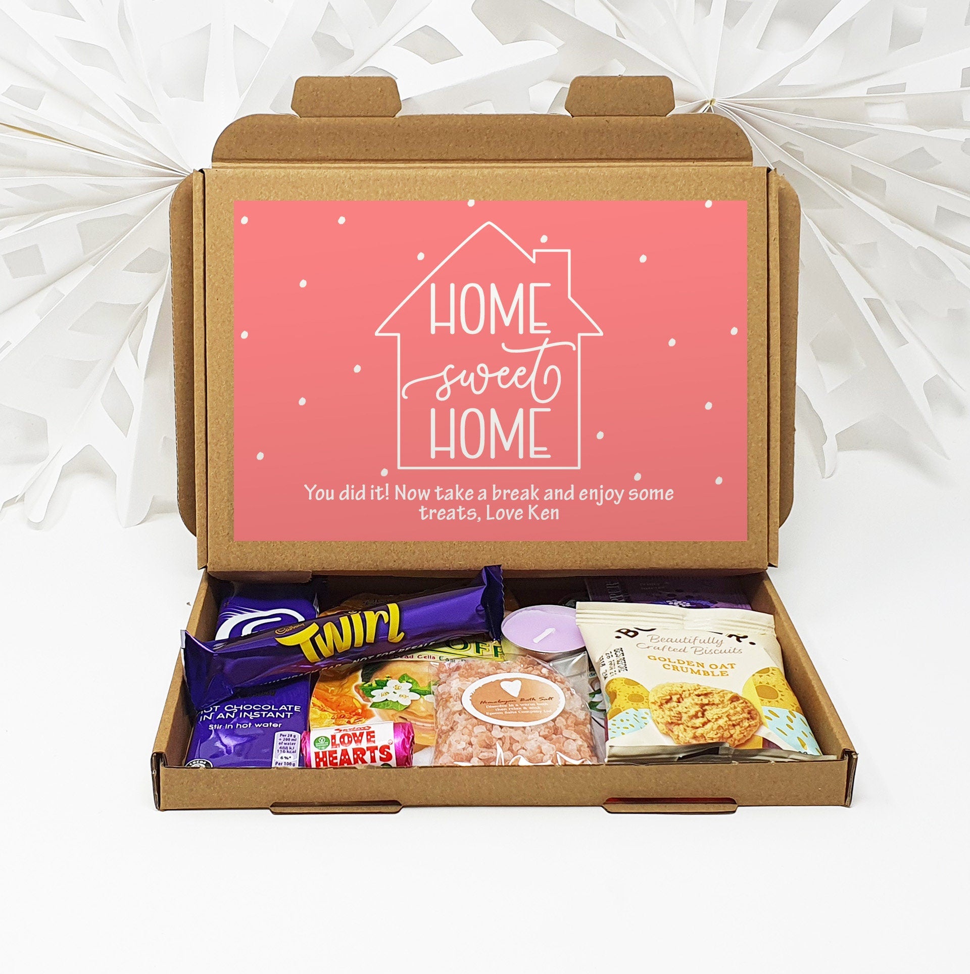 Personalised New Home House Pamper Treat Box Letterbox Gift Hug in a Box Hamper Chocolate Sweets Tea Lover Coffee Vegan Floral