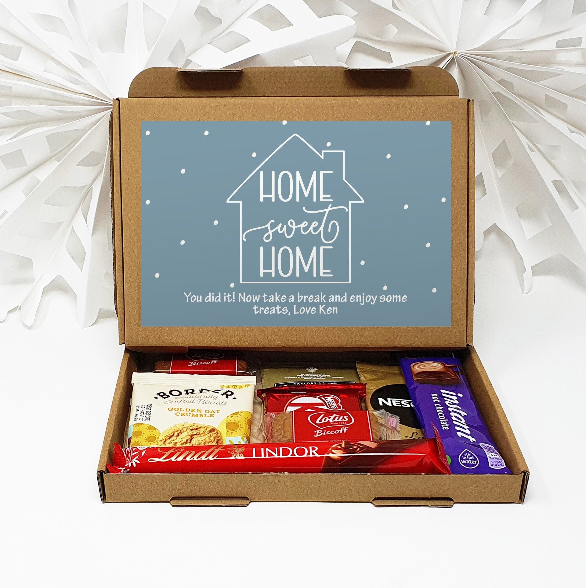 Personalised New Home House Pamper Treat Box Letterbox Gift Hug in a Box Hamper Chocolate Sweets Tea Lover Coffee Vegan Floral