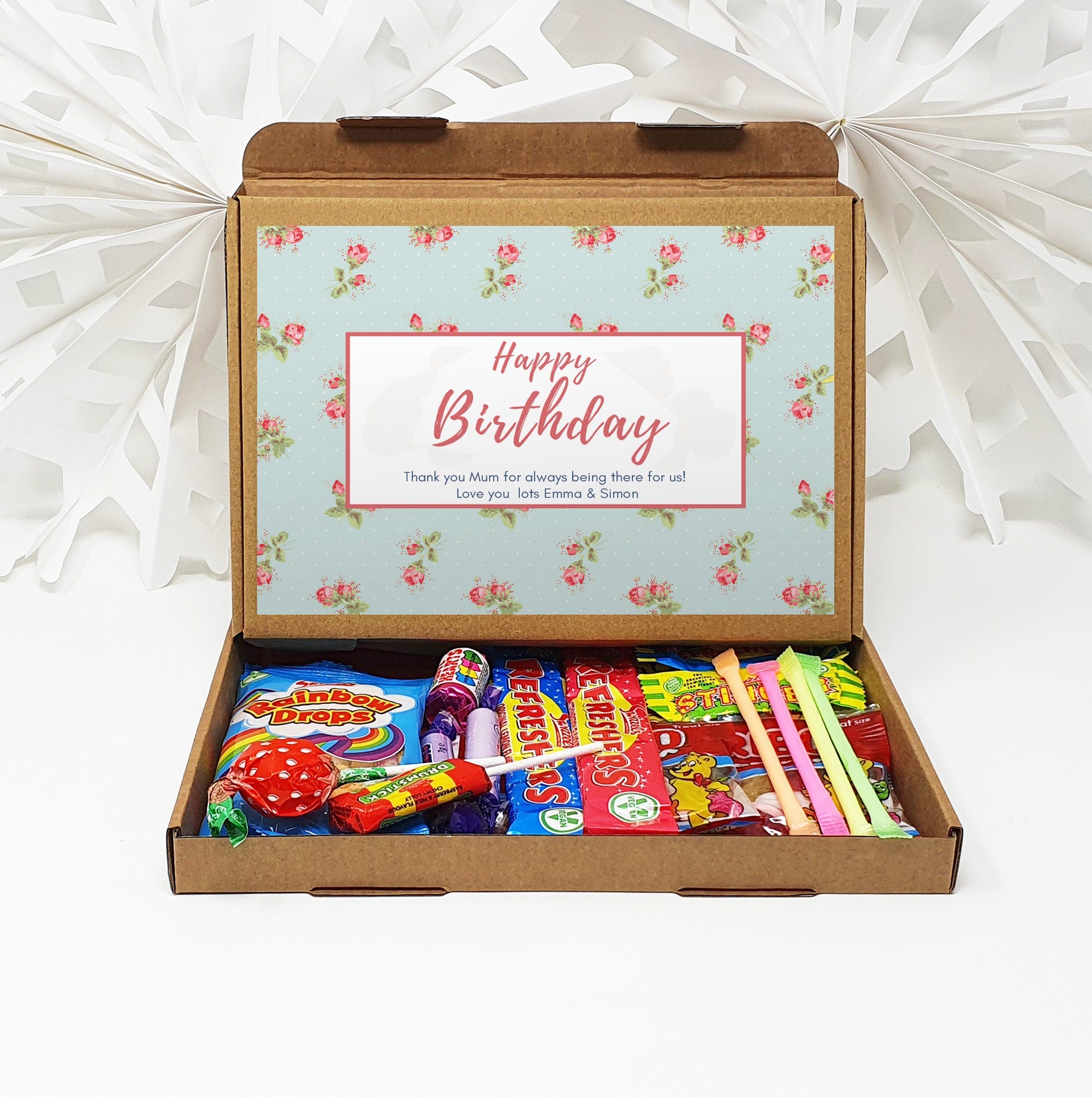 Personalised Birthday Pamper Treat Box Letterbox Gift Hug in a Box Hamper Chocolate Sweets Tea Lover Coffee Vegan Floral