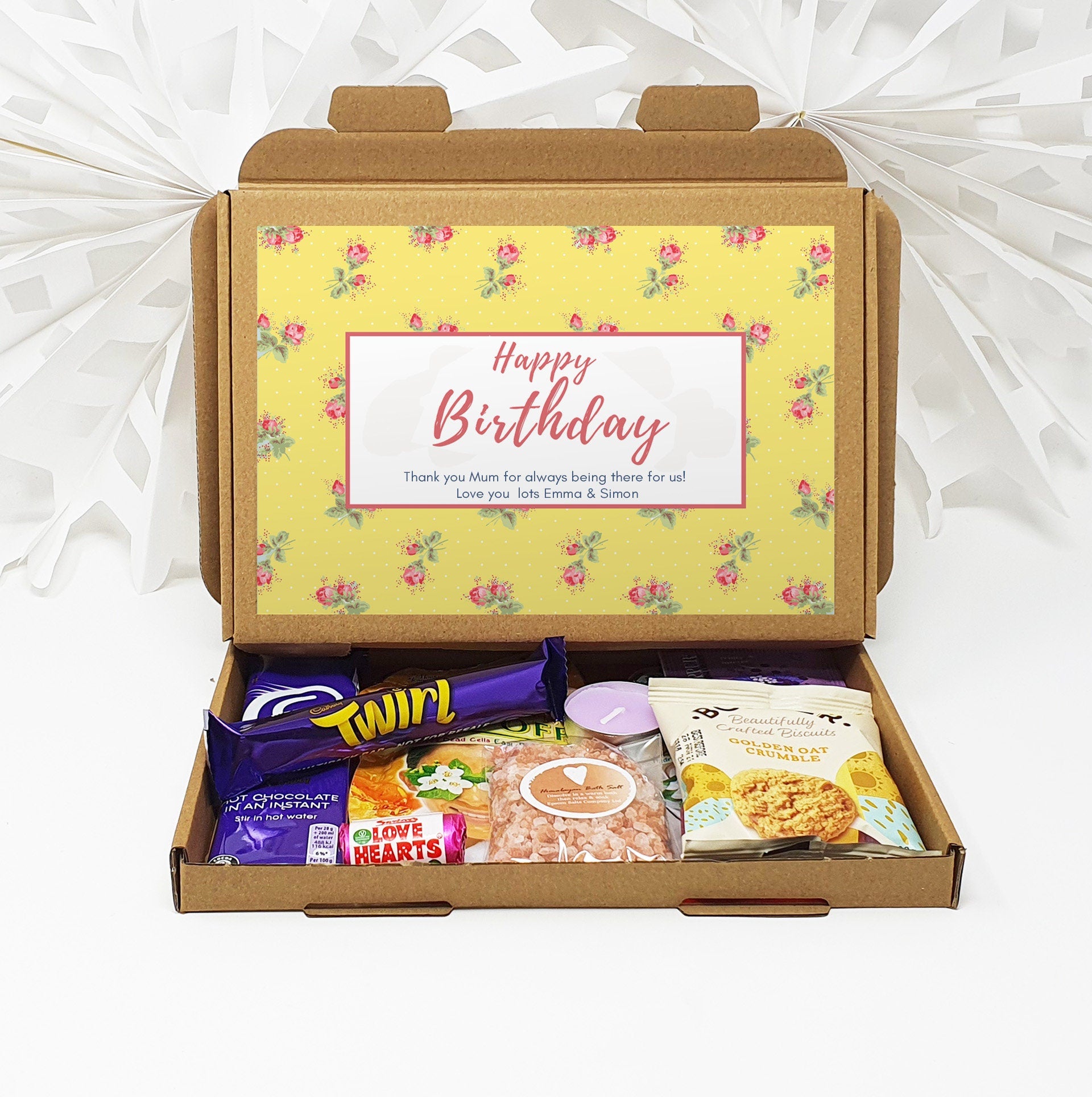 Personalised Birthday Pamper Treat Box Letterbox Gift Hug in a Box Hamper Chocolate Sweets Tea Lover Coffee Vegan Floral