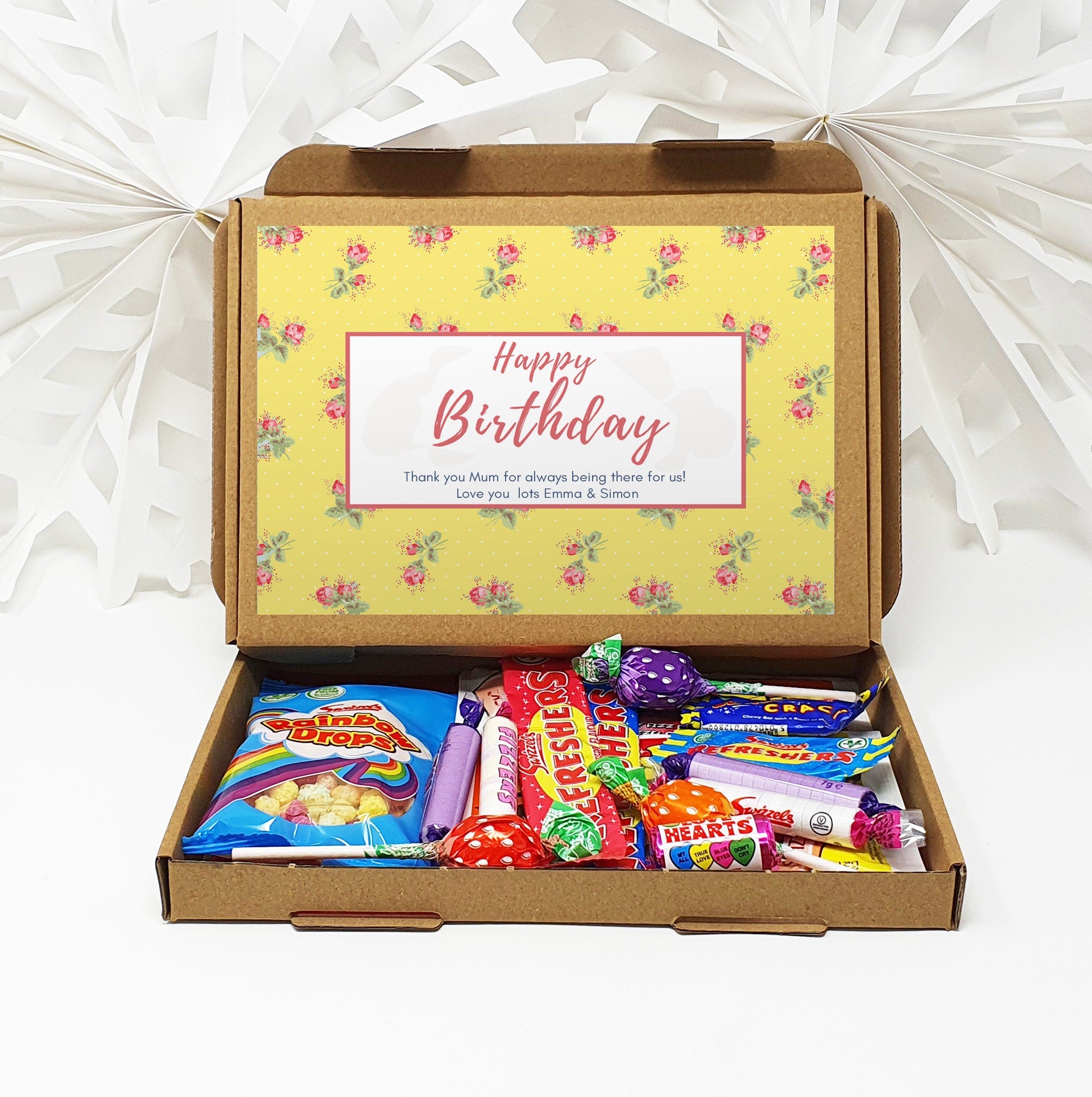 Personalised Birthday Pamper Treat Box Letterbox Gift Hug in a Box Hamper Chocolate Sweets Tea Lover Coffee Vegan Floral