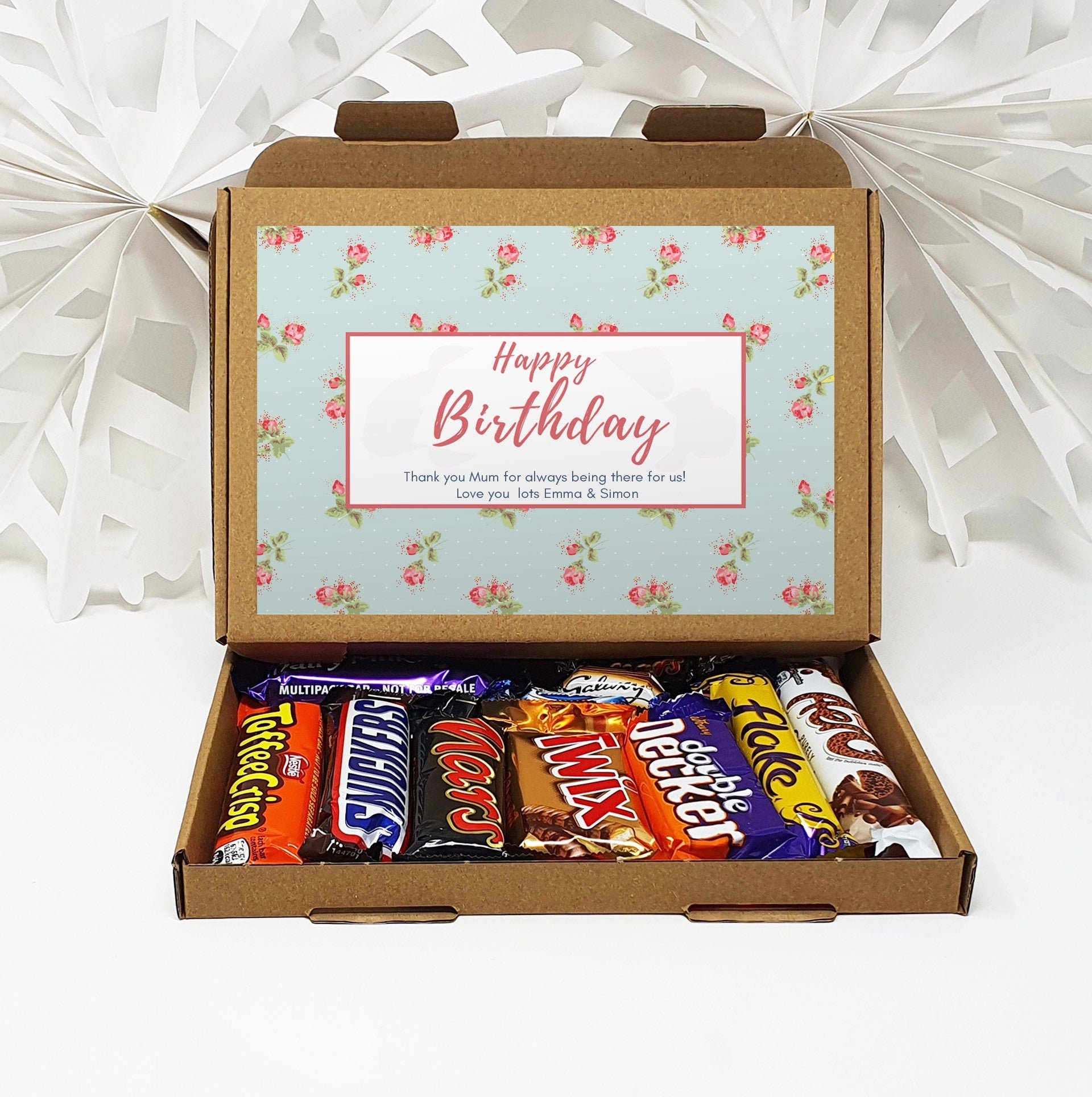 Personalised Birthday Pamper Treat Box Letterbox Gift Hug in a Box Hamper Chocolate Sweets Tea Lover Coffee Vegan Floral