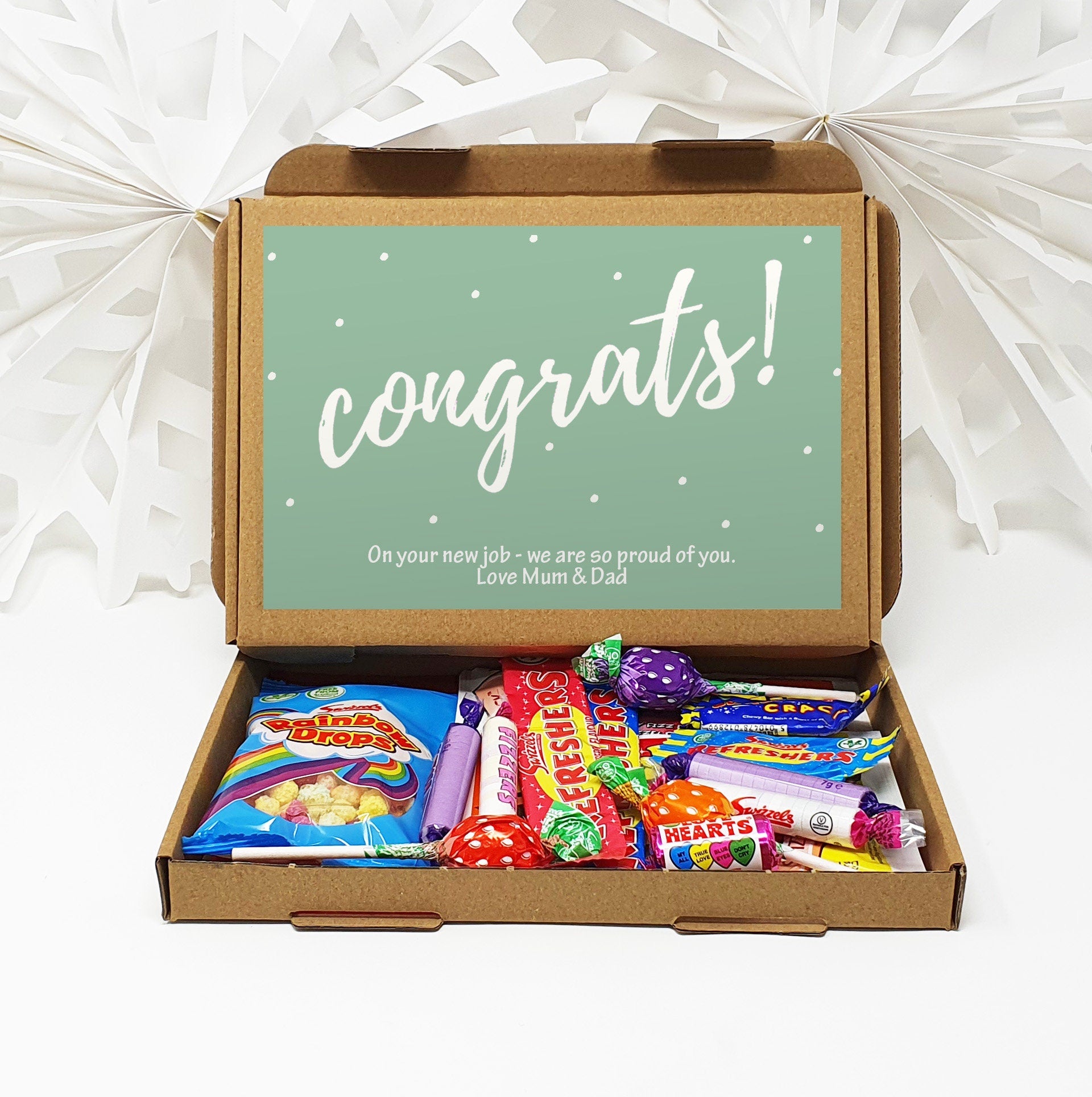 Personalised Congratulations Pamper Treat Box Letterbox Gift Hug in a Box Hamper Chocolate Sweets Tea Lover Coffee Vegan Floral