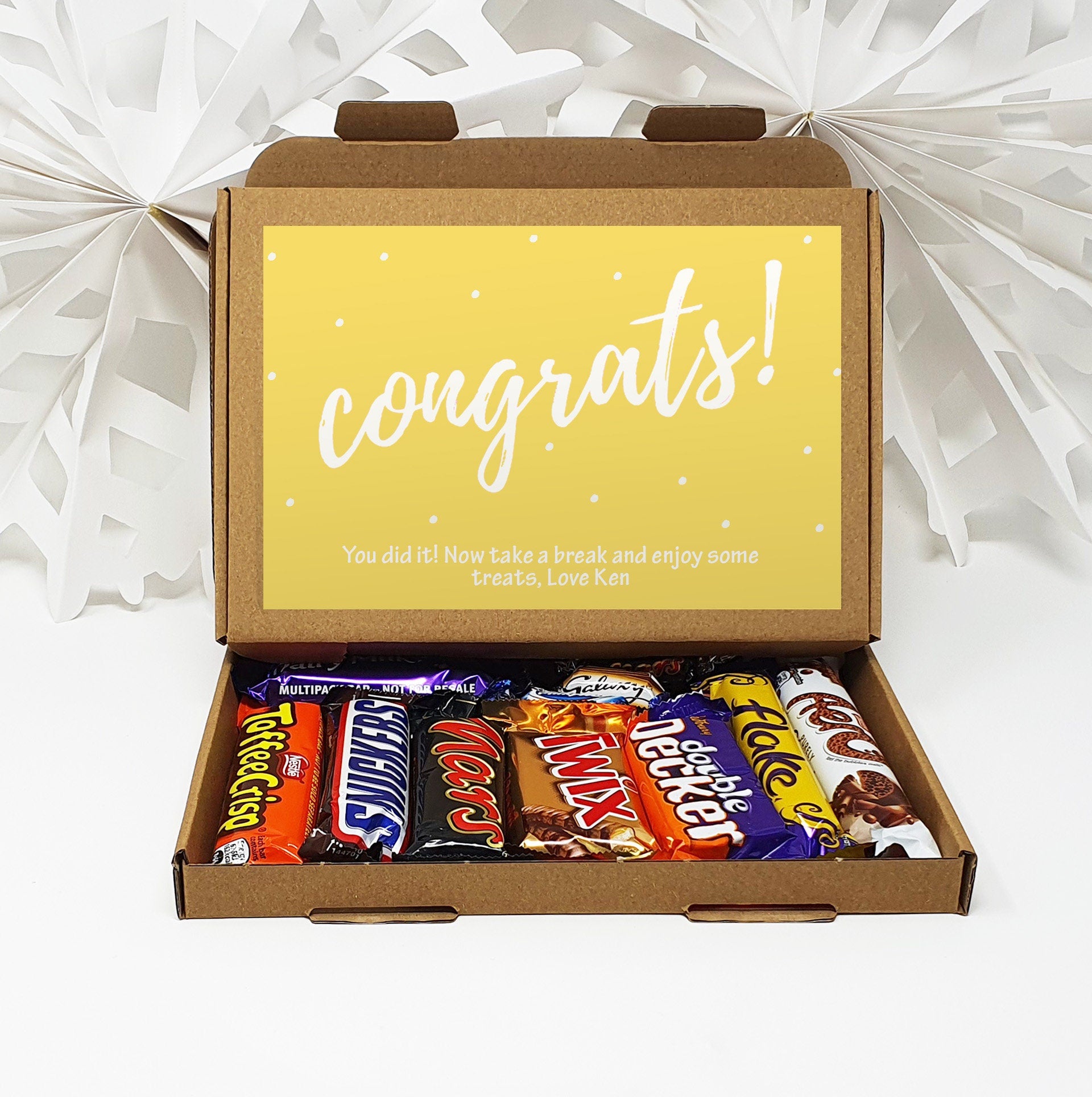 Personalised Congratulations Pamper Treat Box Letterbox Gift Hug in a Box Hamper Chocolate Sweets Tea Lover Coffee Vegan Floral