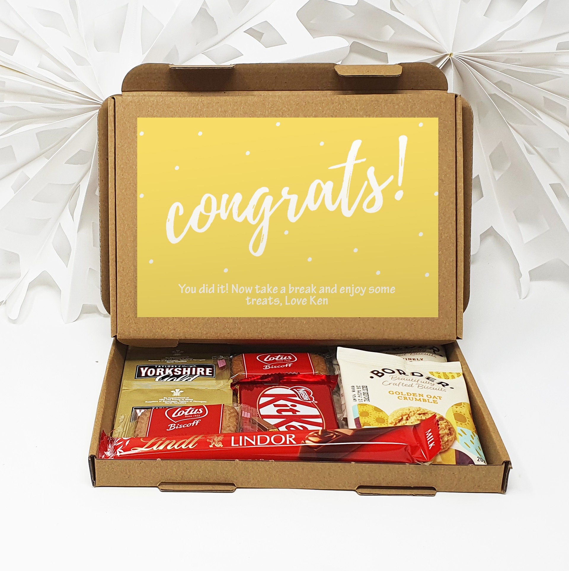 Personalised Congratulations Pamper Treat Box Letterbox Gift Hug in a Box Hamper Chocolate Sweets Tea Lover Coffee Vegan Floral