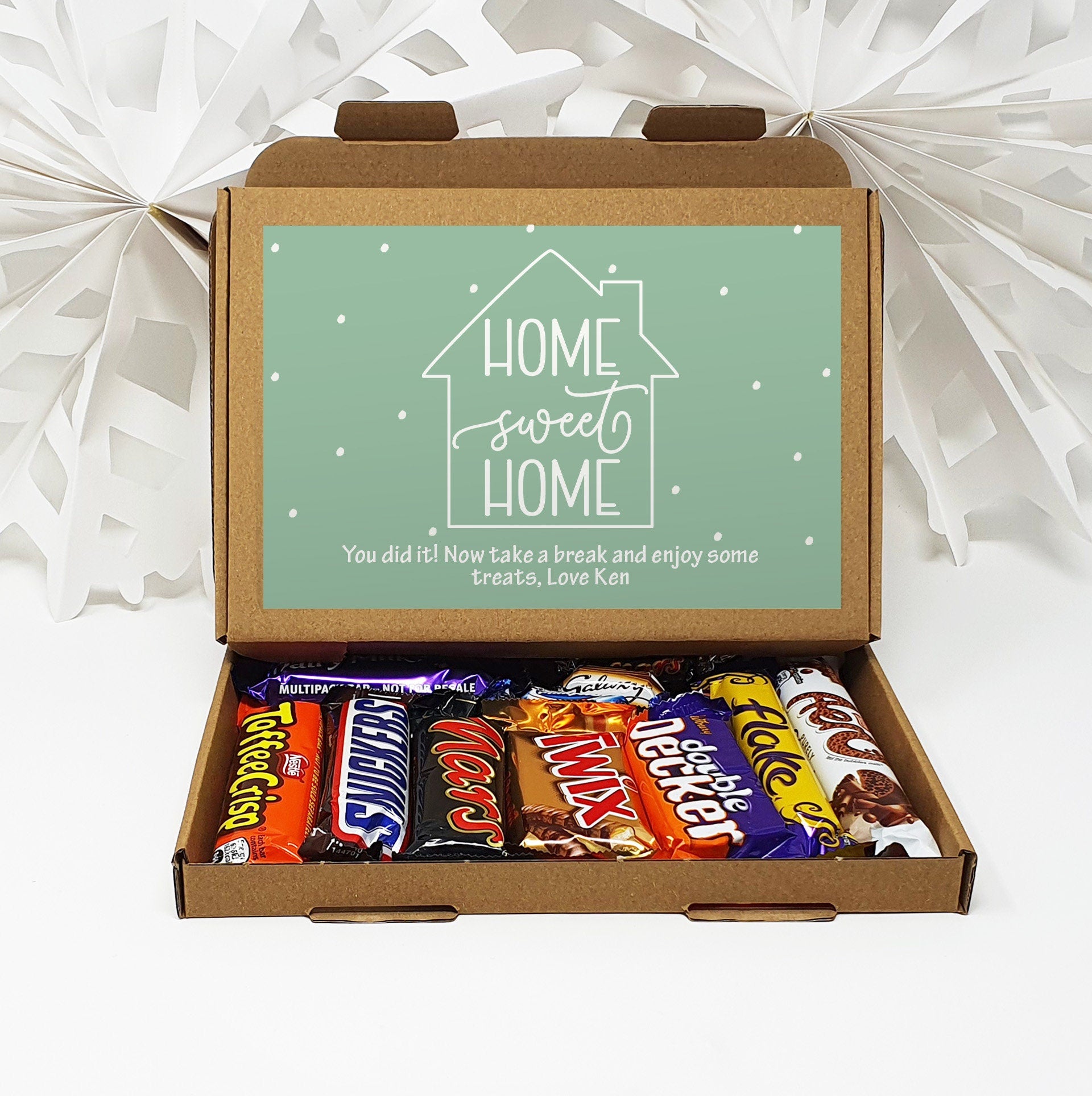 Personalised New Home House Pamper Treat Box Letterbox Gift Hug in a Box Hamper Chocolate Sweets Tea Lover Coffee Vegan Floral