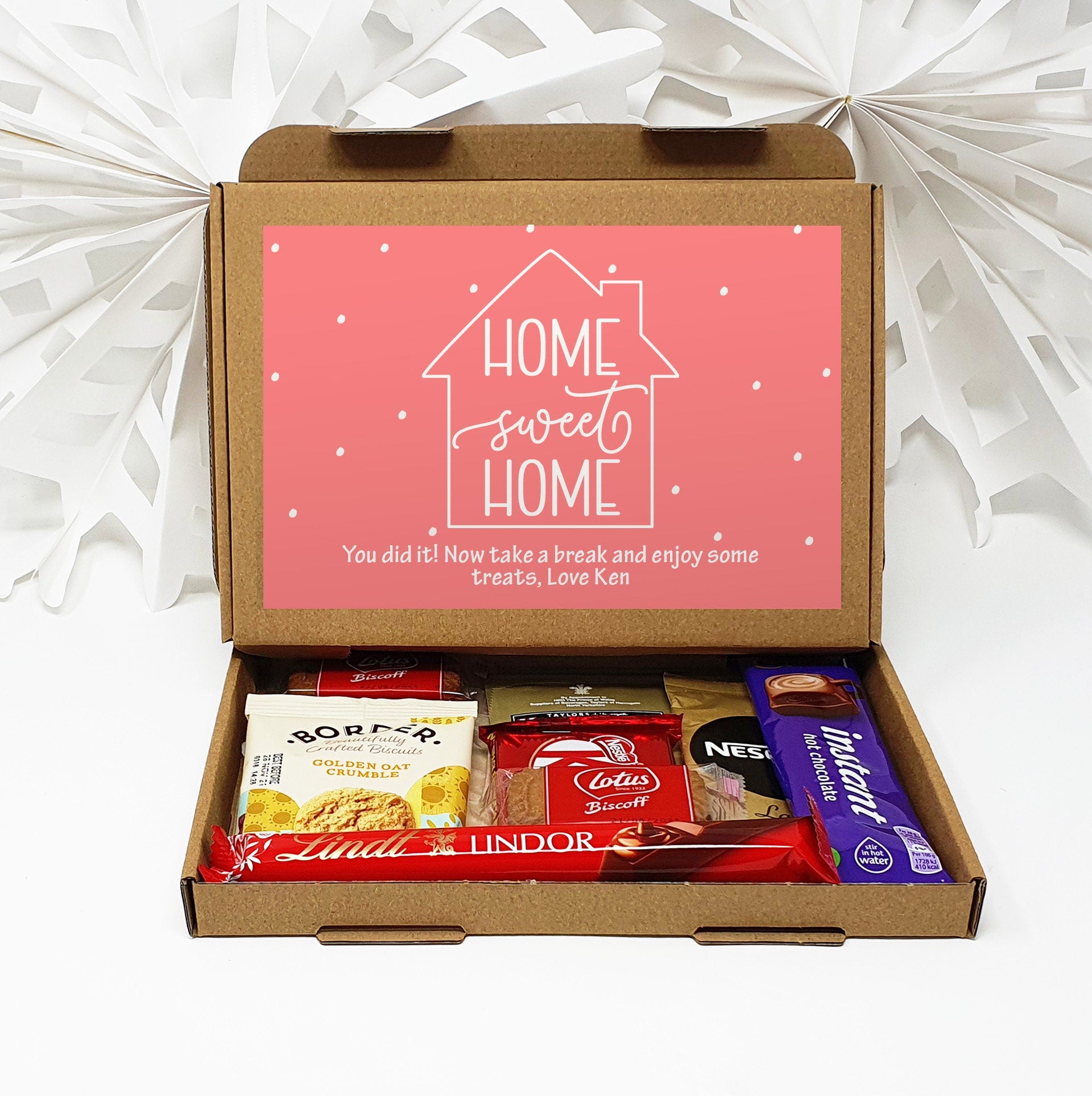 Personalised New Home House Pamper Treat Box Letterbox Gift Hug in a Box Hamper Chocolate Sweets Tea Lover Coffee Vegan Floral