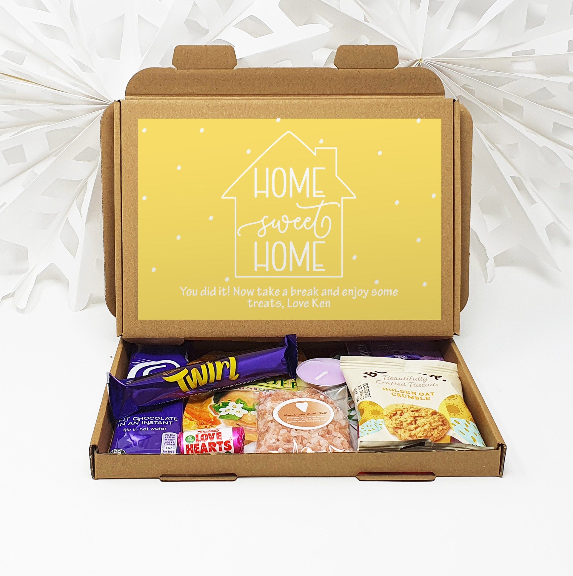 Personalised New Home House Pamper Treat Box Letterbox Gift Hug in a Box Hamper Chocolate Sweets Tea Lover Coffee Vegan Floral